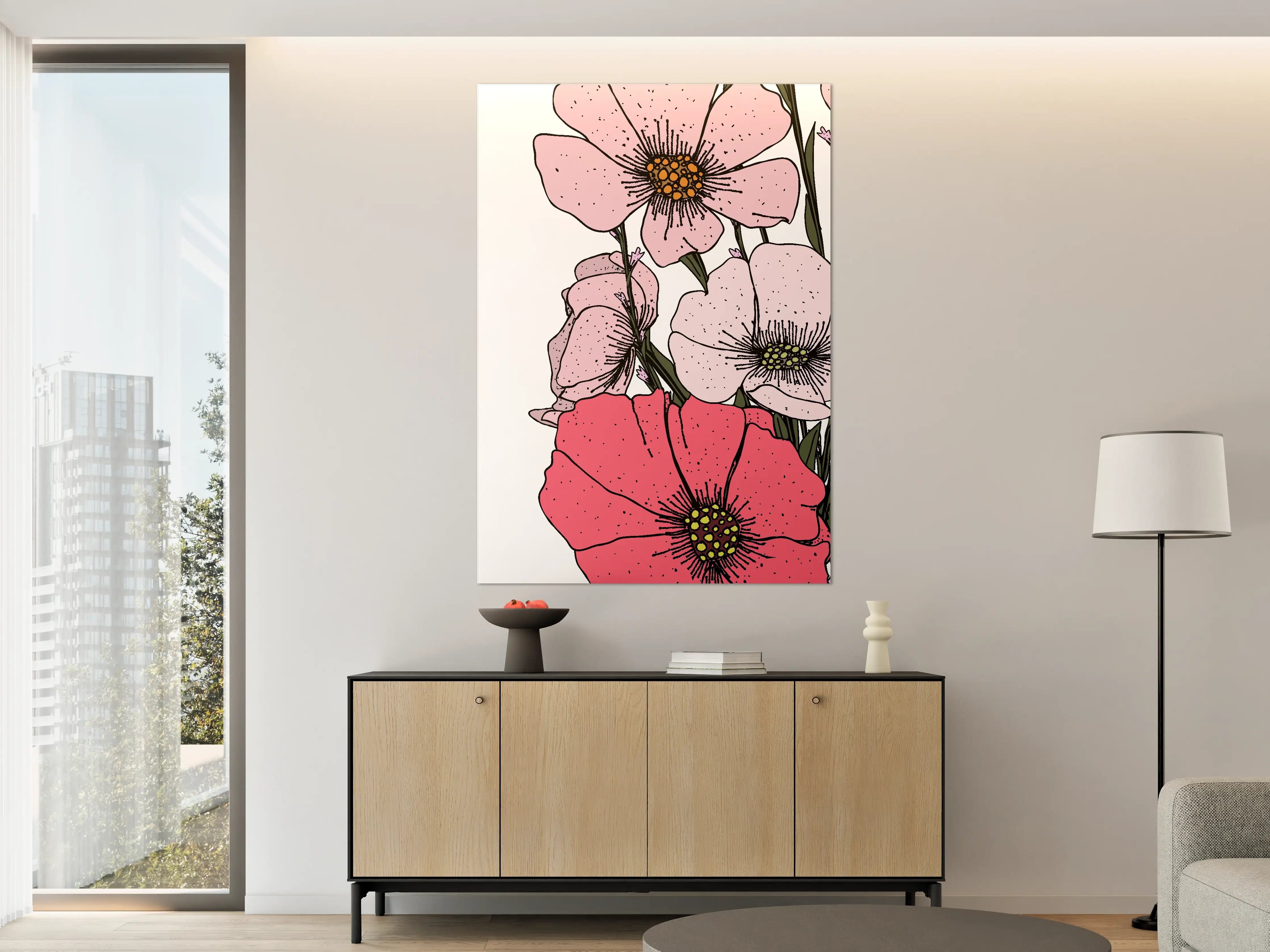 Große Wandbilder - Sanfte Blumenillustration in Pink und Grün