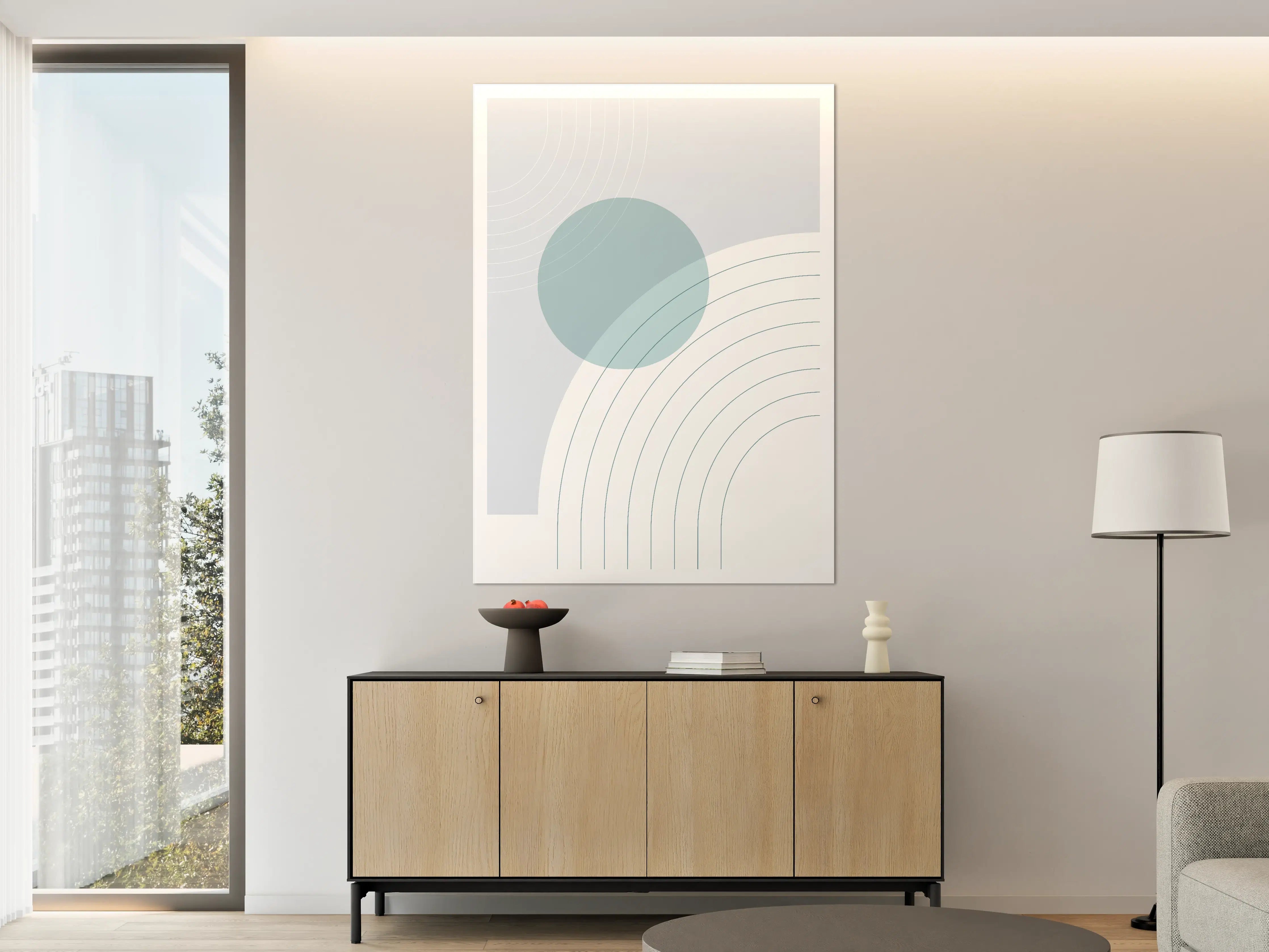 Große Wandbilder - Sanfte Grau- und Blautöne mit geometrischen Linien