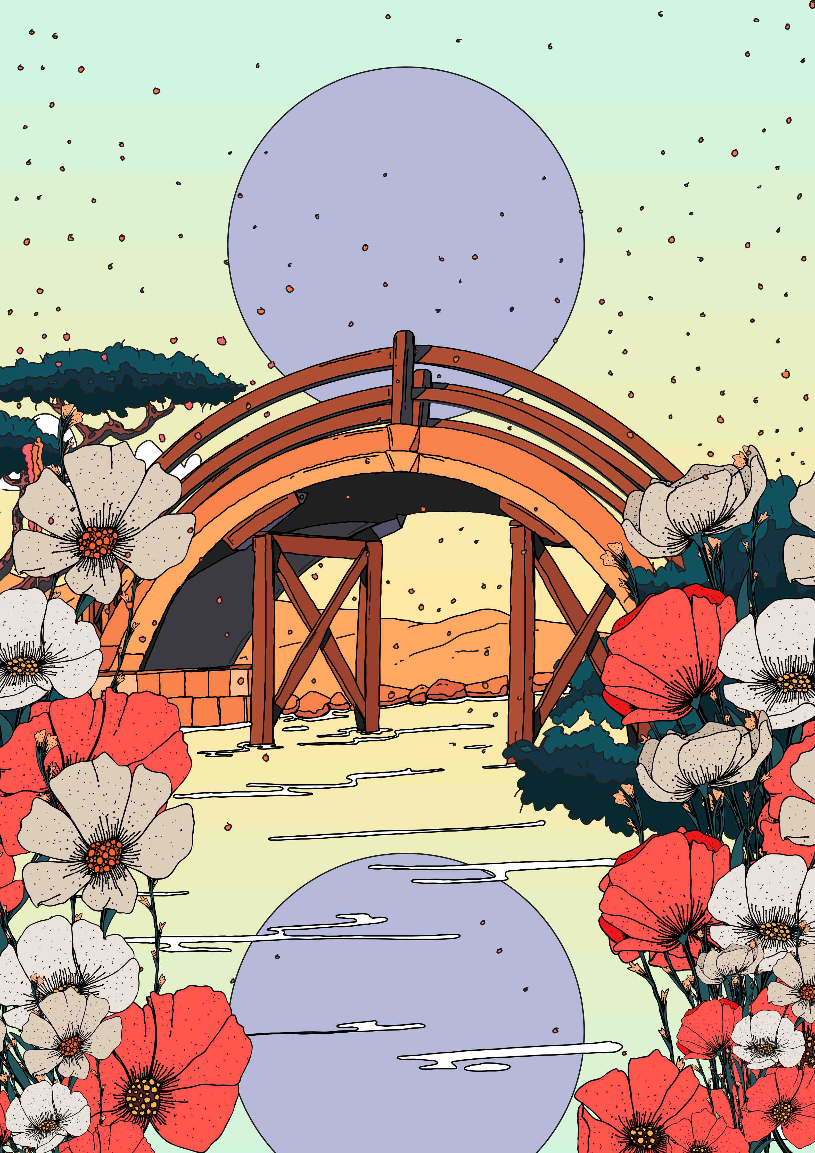 Große Wandbilder-Sanfte Natur-Illustration mit Blumen und Brücke