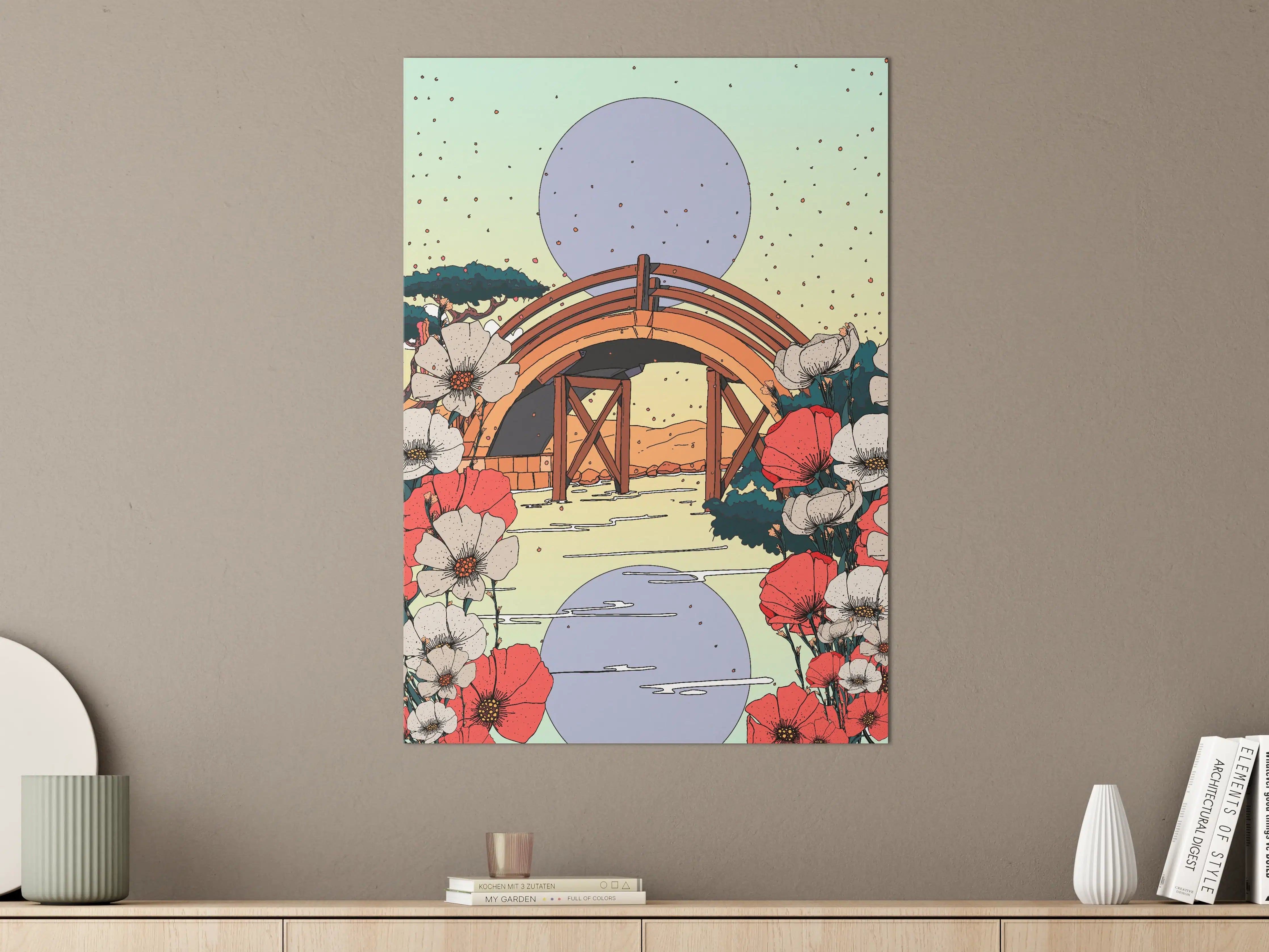 Große Wandbilder - Sanfte Natur-Illustration mit Blumen und Brücke