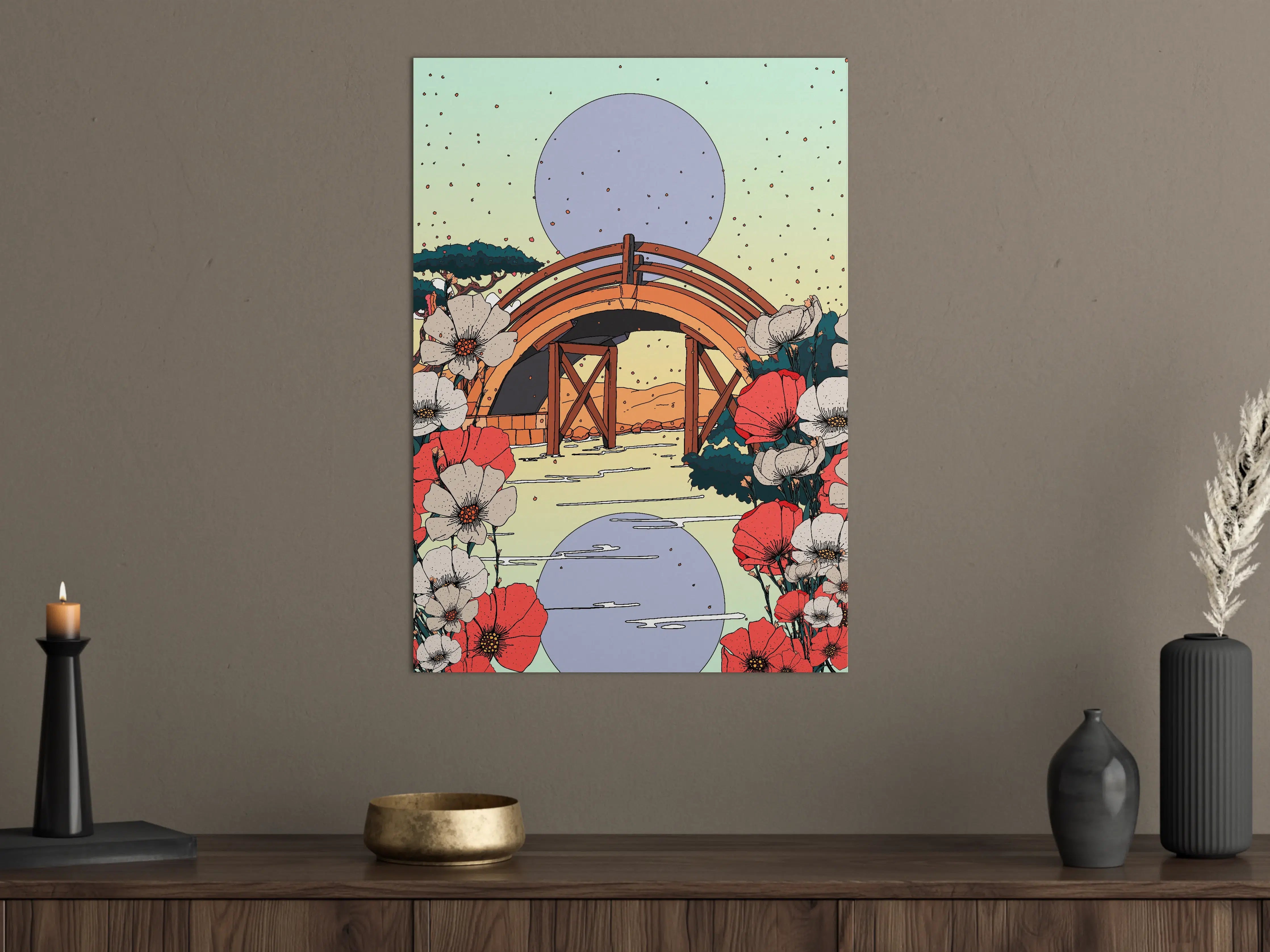 Große Wandbilder - Sanfte Natur-Illustration mit Blumen und Brücke