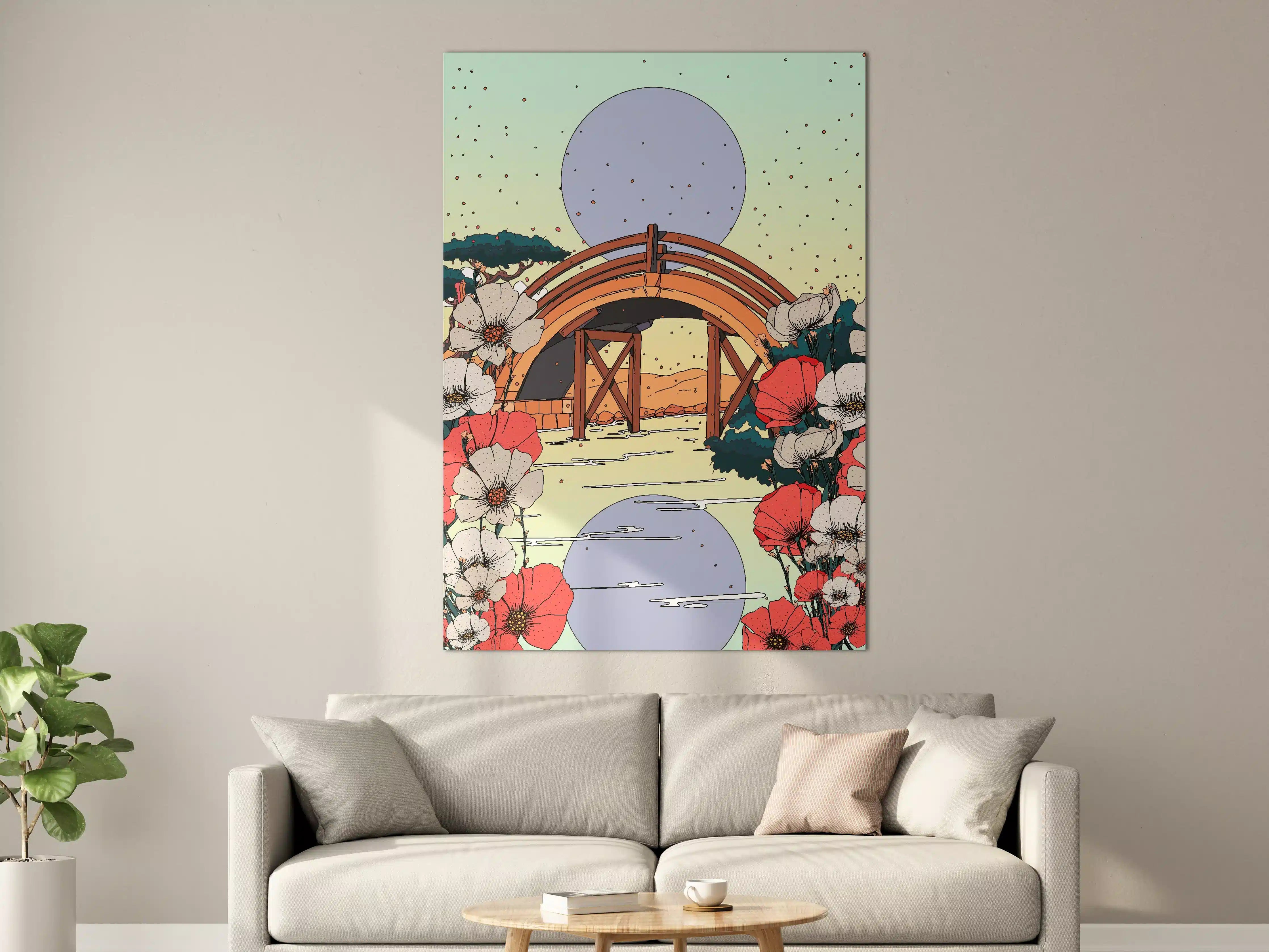 Große Wandbilder - Sanfte Natur-Illustration mit Blumen und Brücke