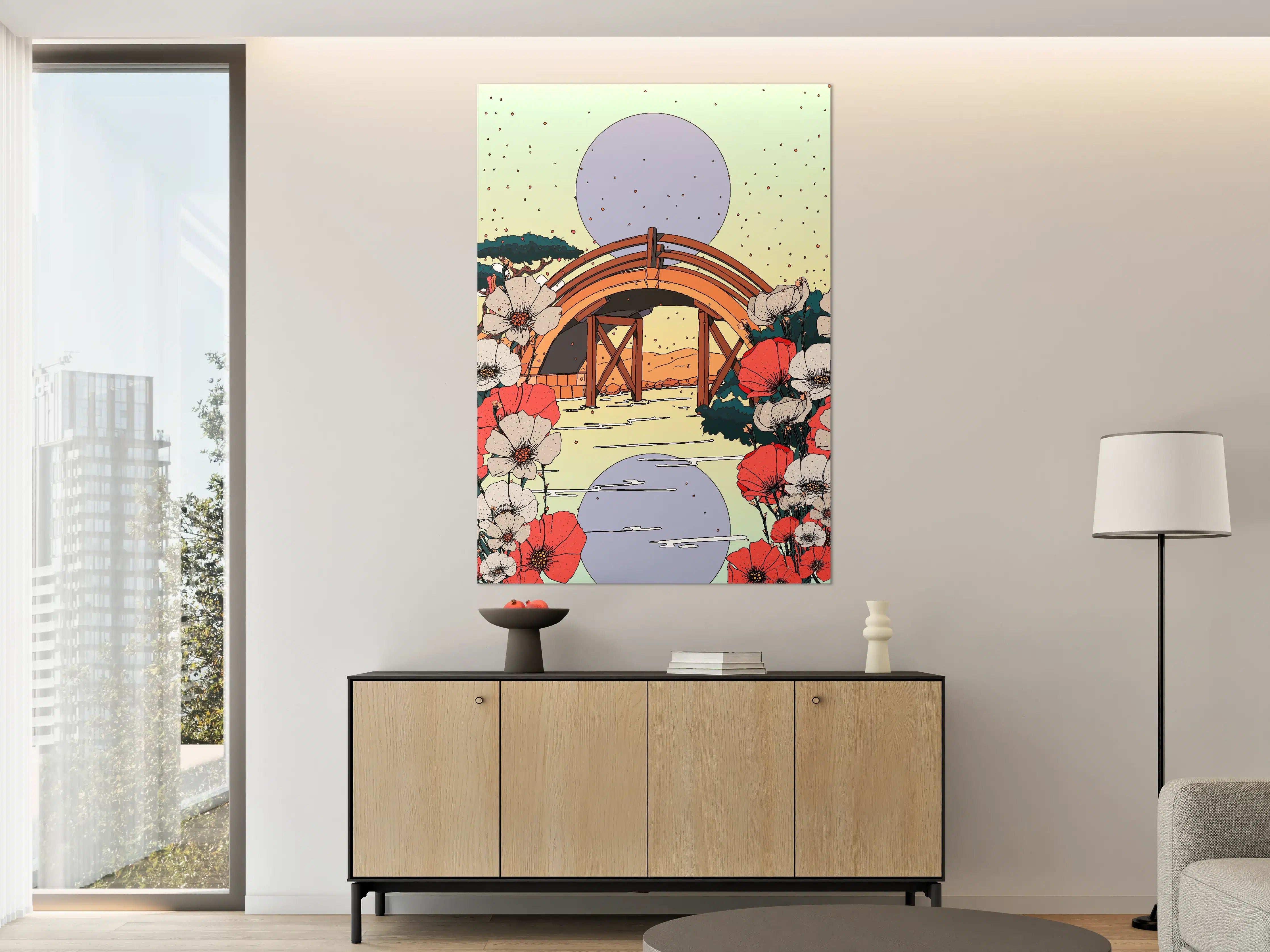Große Wandbilder - Sanfte Natur-Illustration mit Blumen und Brücke