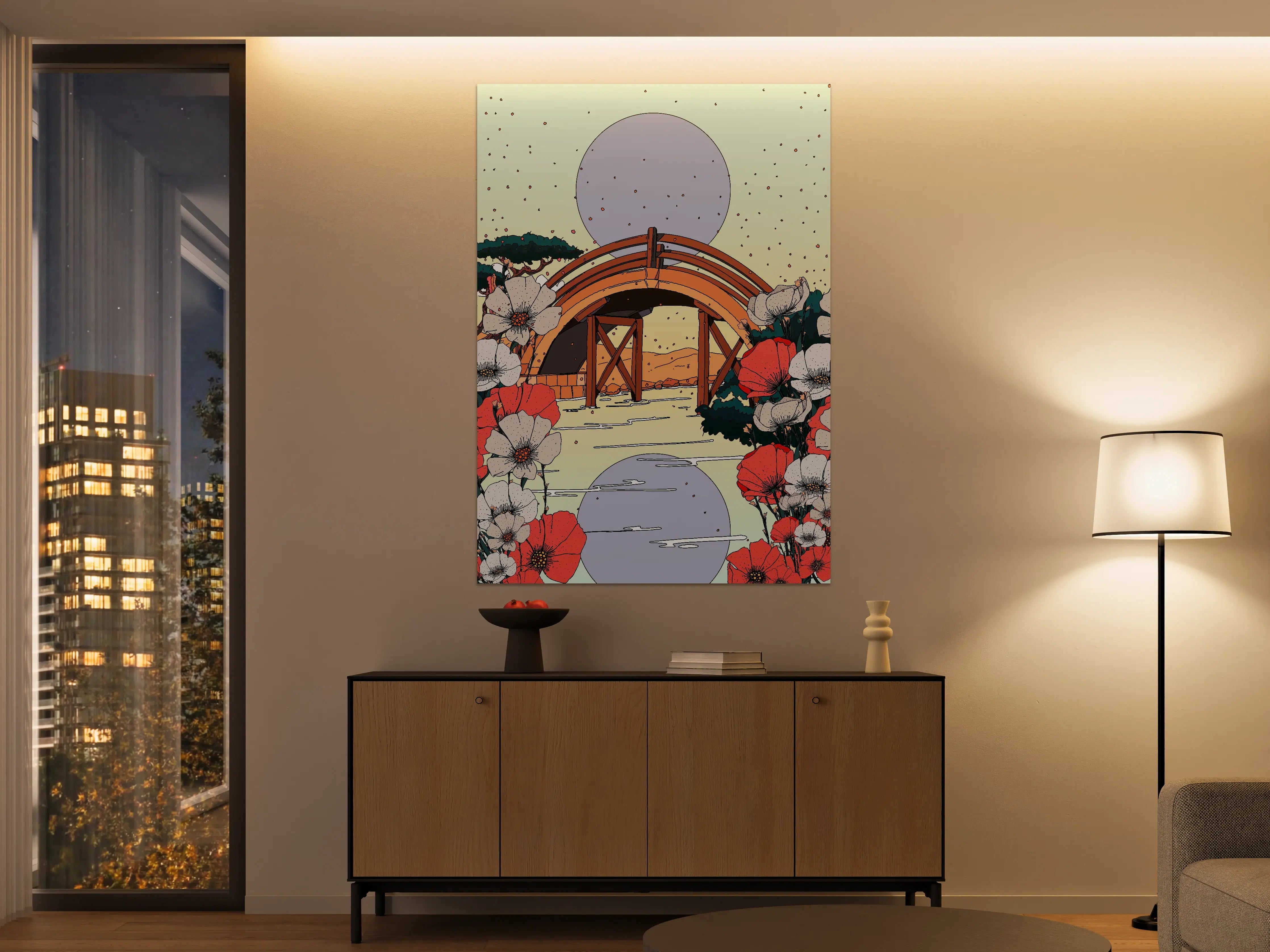 Große Wandbilder - Sanfte Natur-Illustration mit Blumen und Brücke