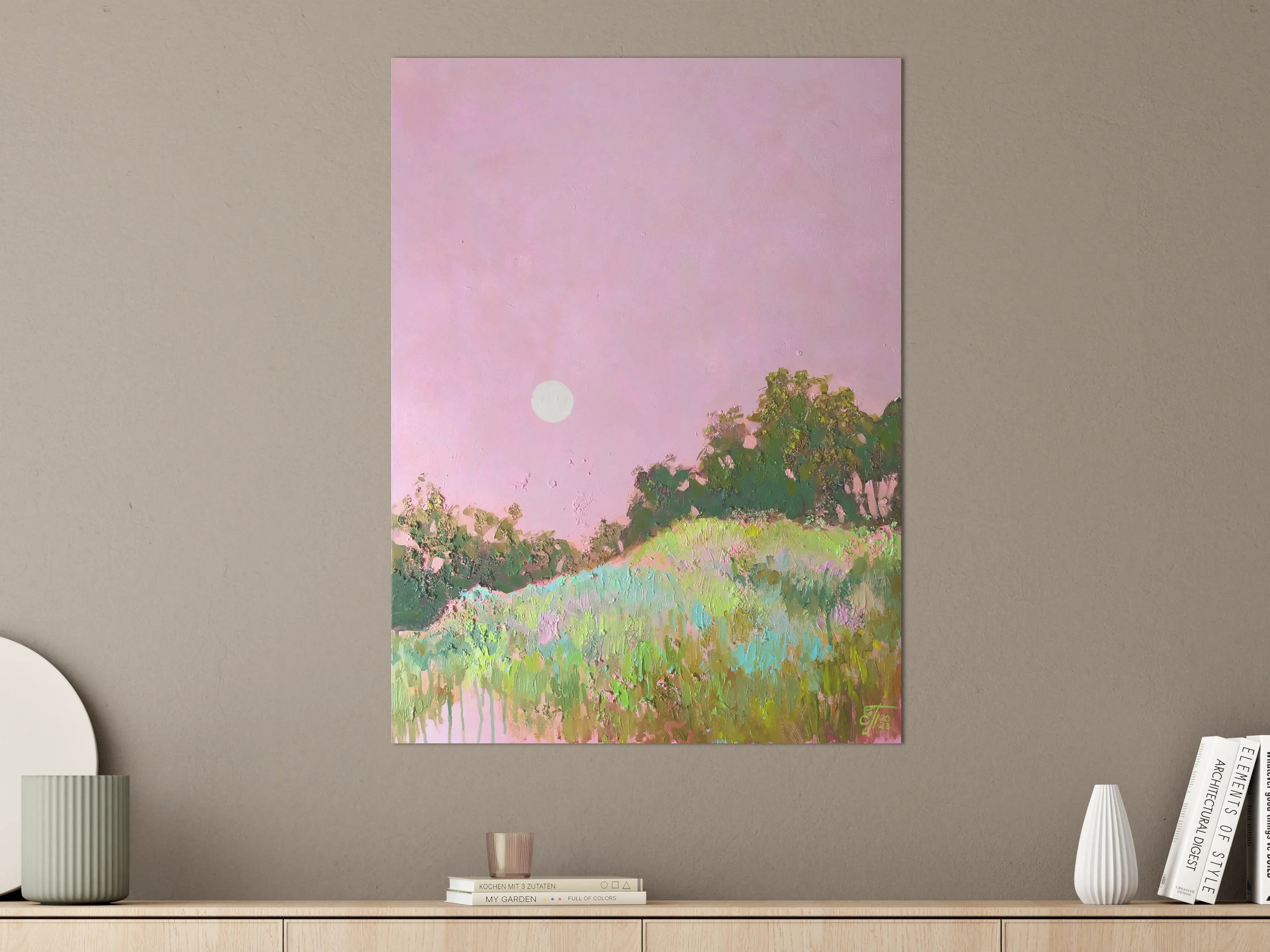 Große Wandbilder - Sanfte Pastell-Landschaft mit Sonnenuntergang