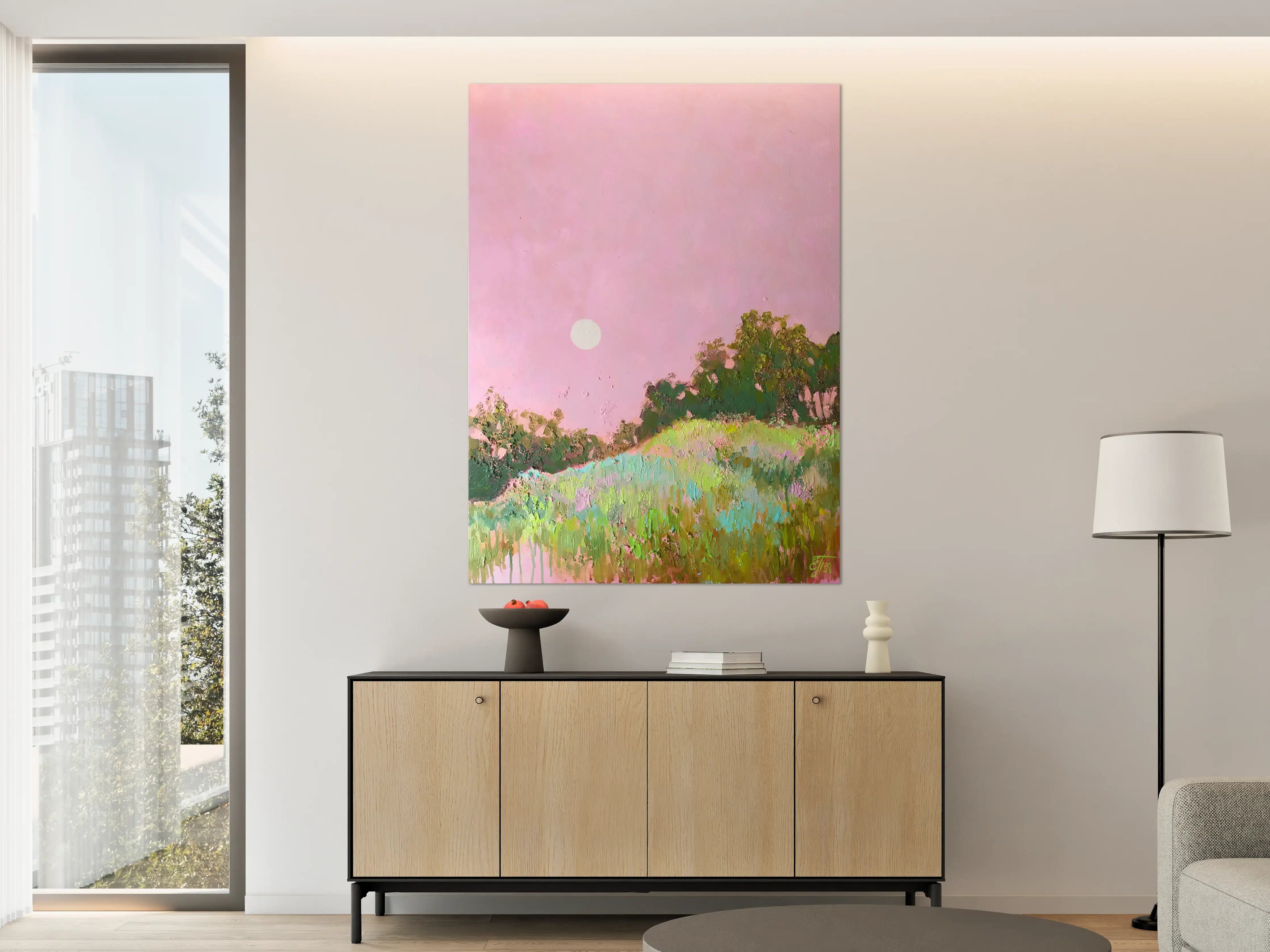 Große Wandbilder - Sanfte Pastell-Landschaft mit Sonnenuntergang