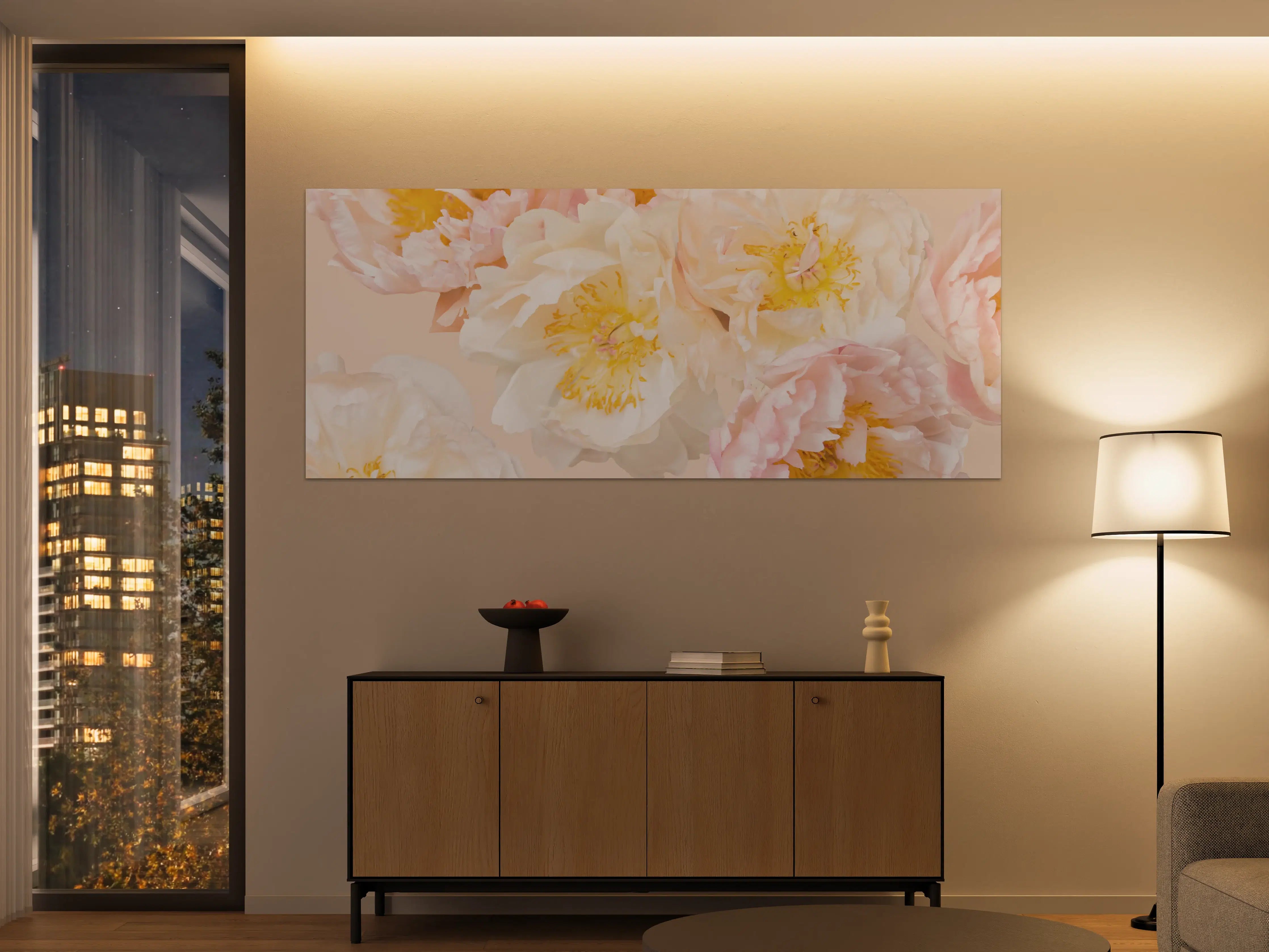 Große Wandbilder - Sanfte Pfingstrosen in Grau-Weißen Tönen