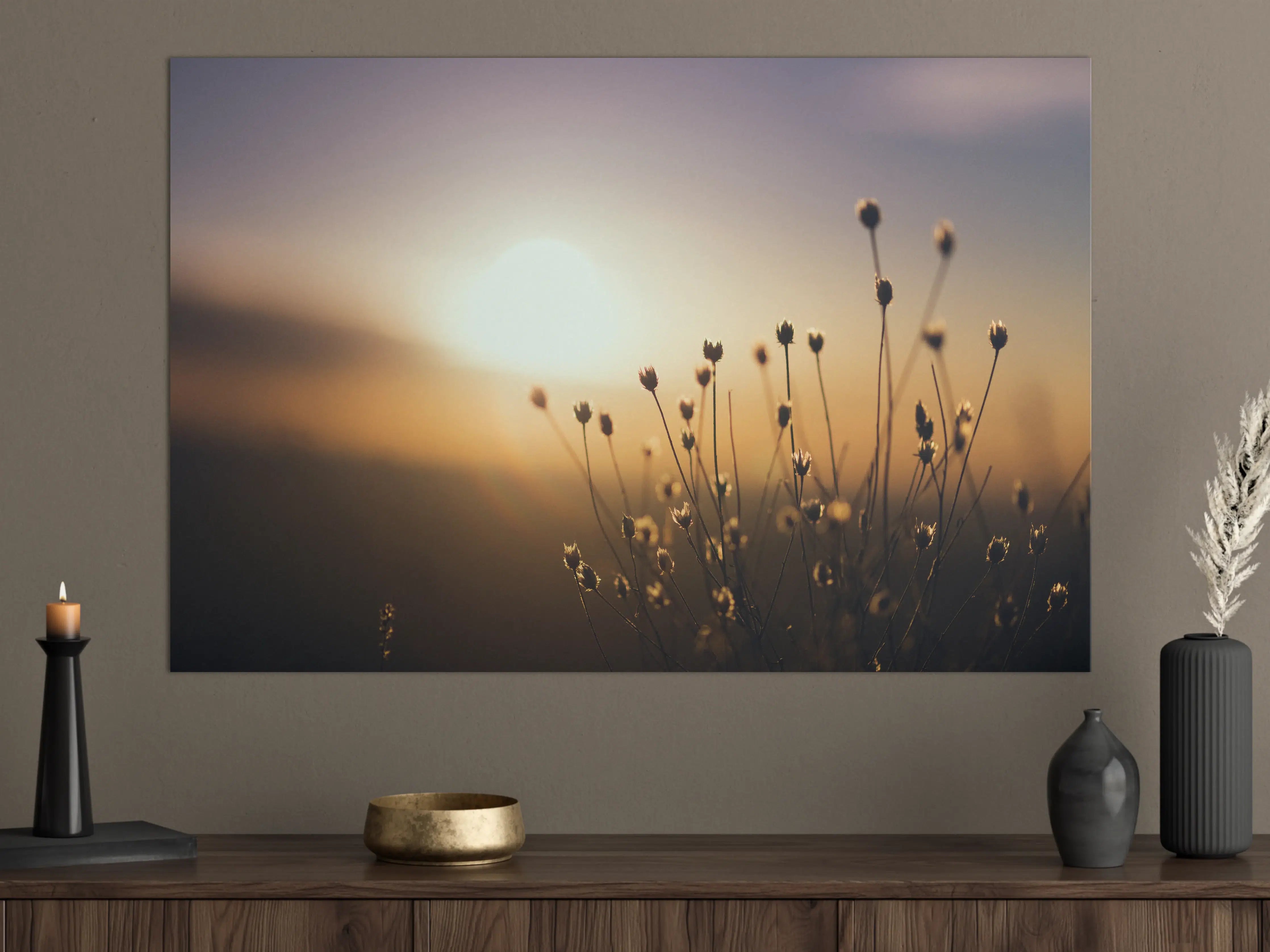 Große Wandbilder - Sanfte Sonnenuntergangsszene mit Blumen