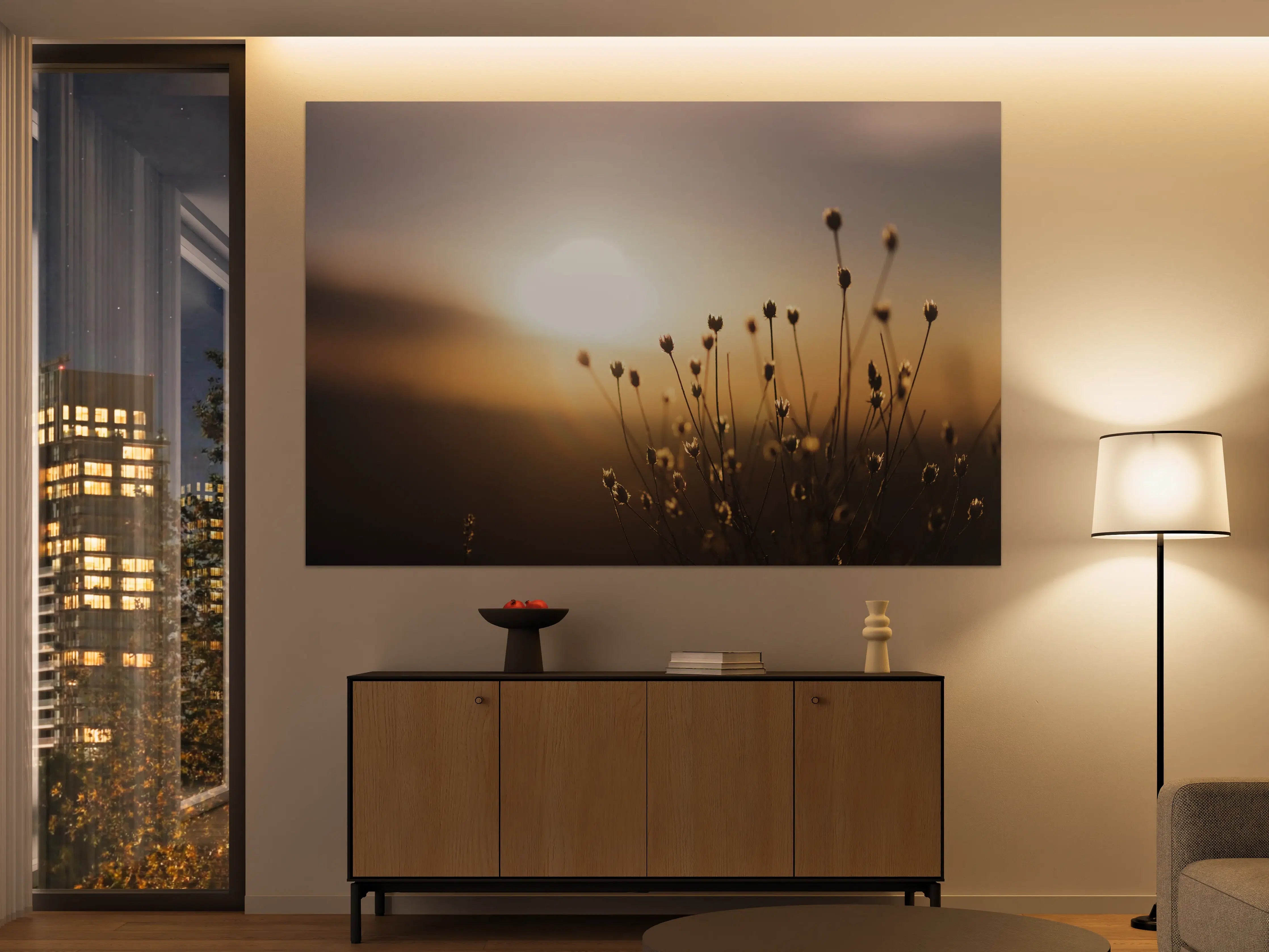 Große Wandbilder - Sanfte Sonnenuntergangsszene mit Blumen