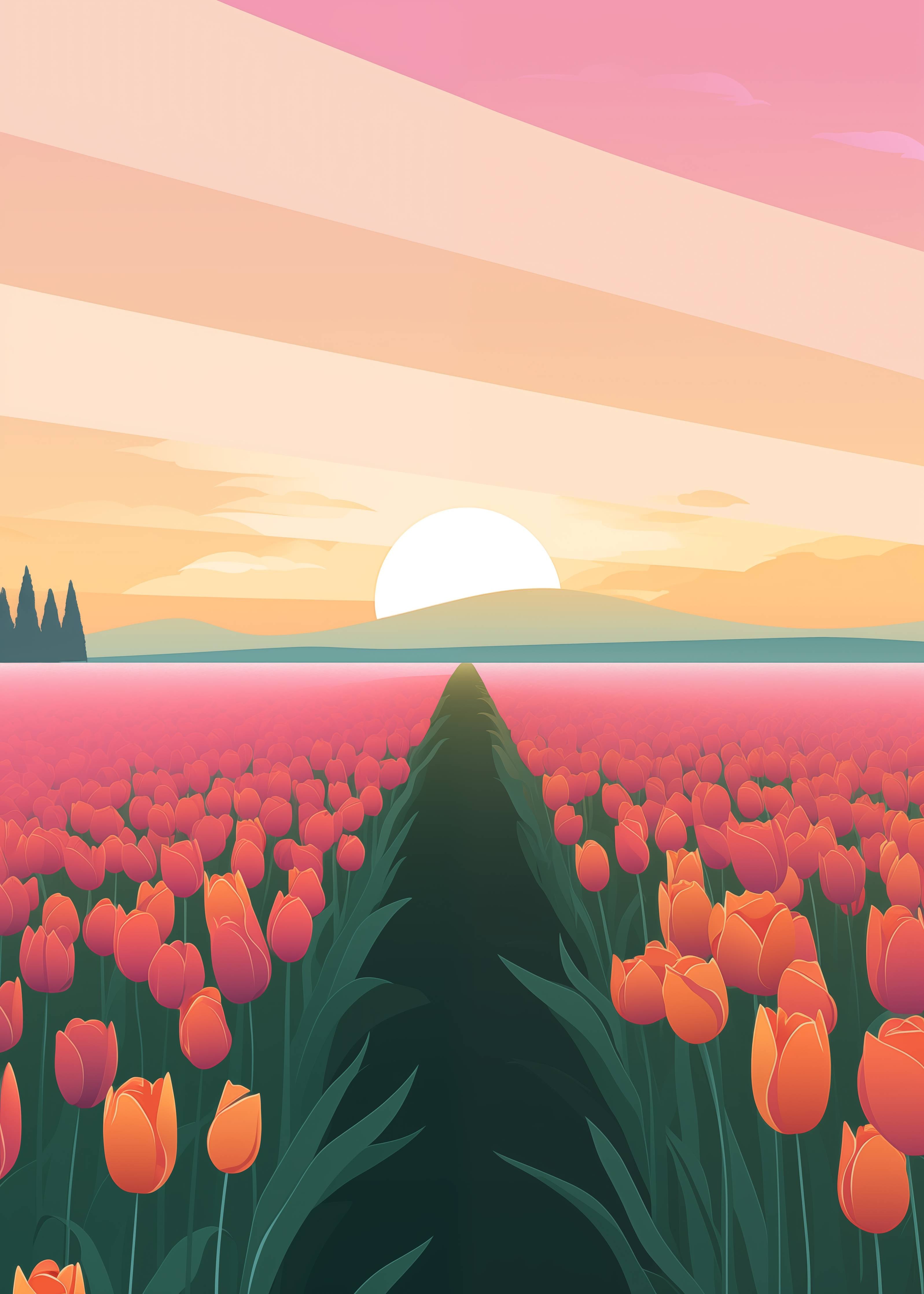Große Wandbilder-Sanfte Sonnenuntergangsszene mit Tulpenfeld