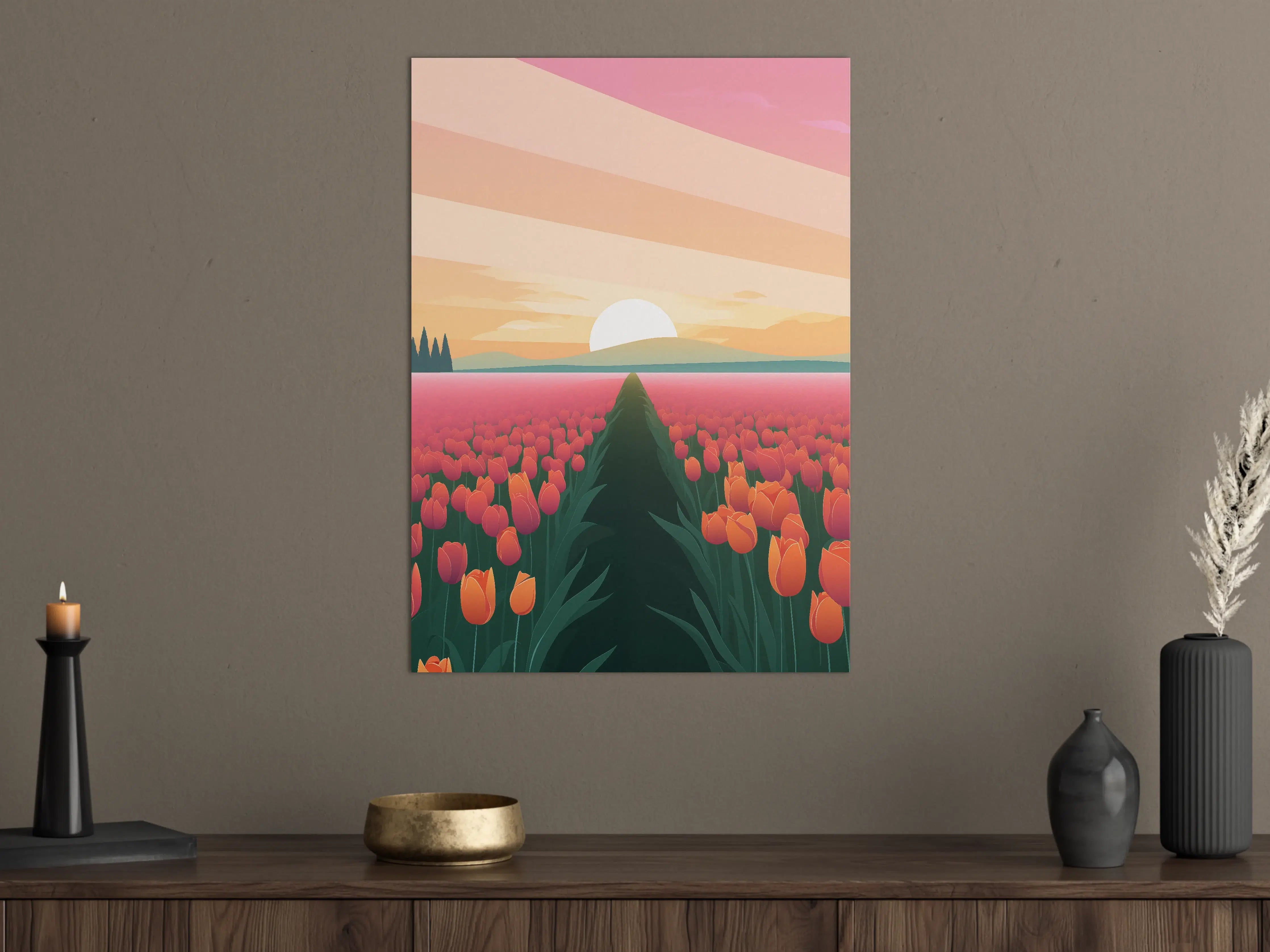 Große Wandbilder - Sanfte Sonnenuntergangsszene mit Tulpenfeld