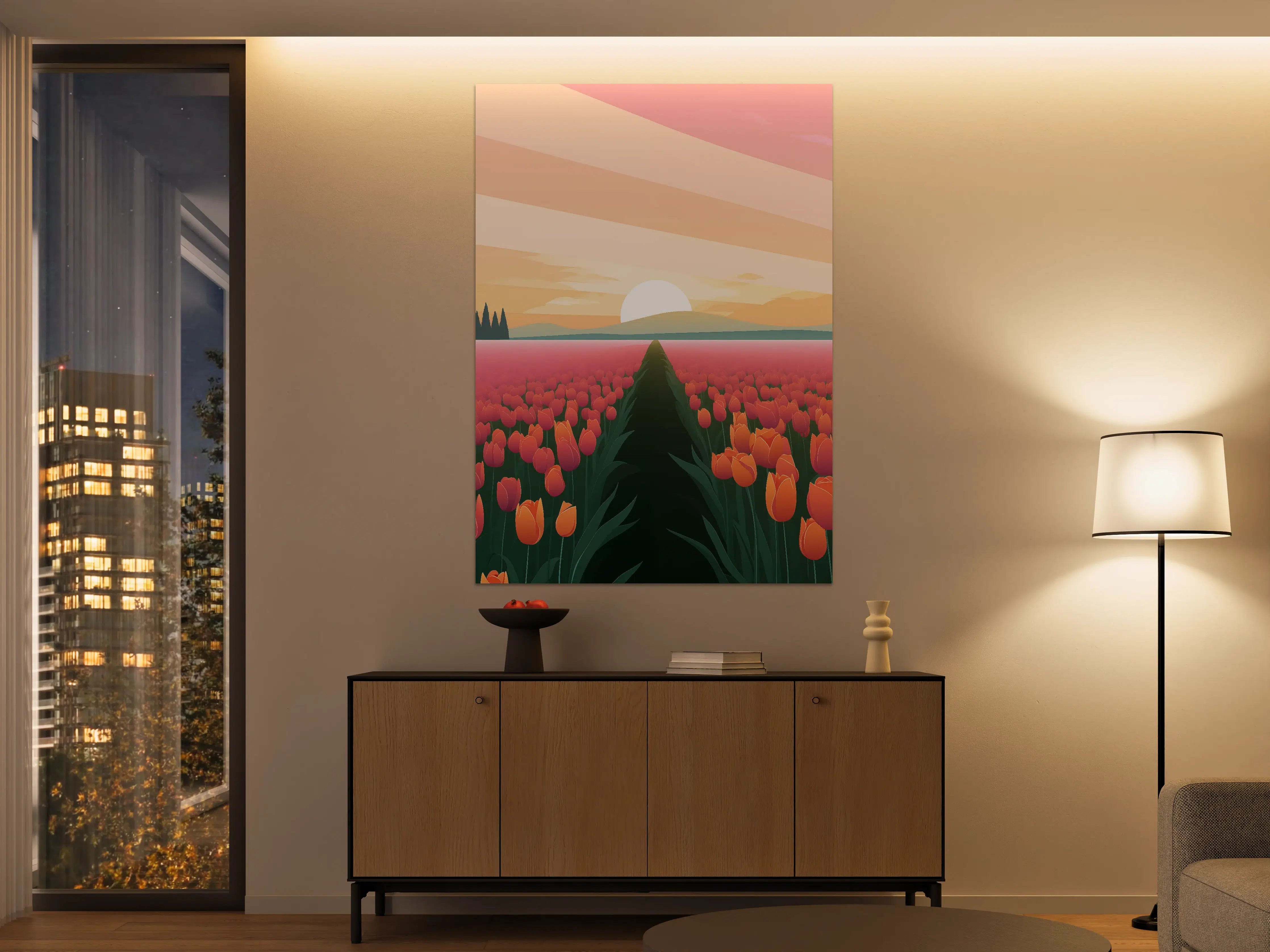 Große Wandbilder - Sanfte Sonnenuntergangsszene mit Tulpenfeld