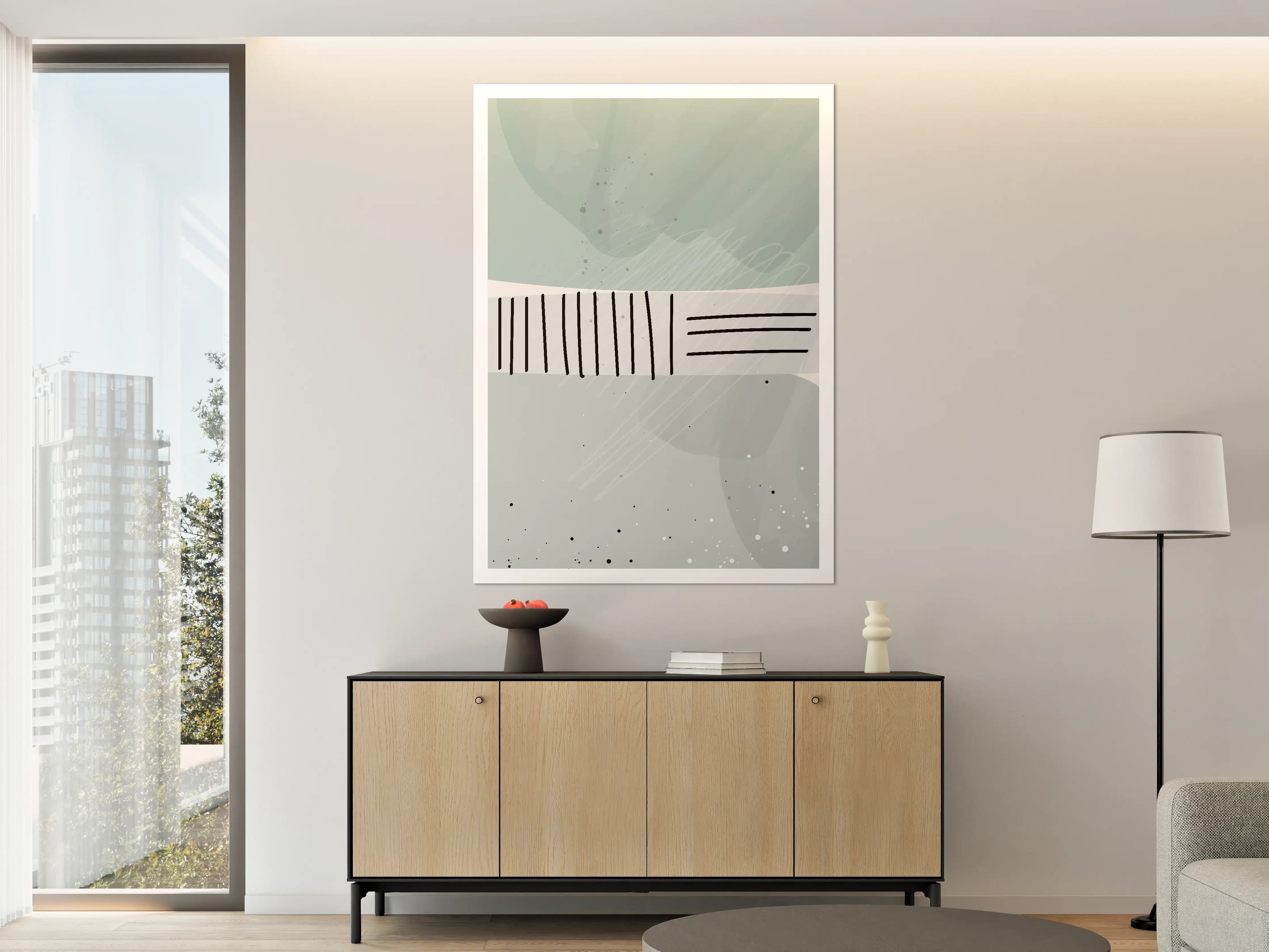 Große Wandbilder - Sanfte grün-graue Farbpalette mit abstrakten Linien