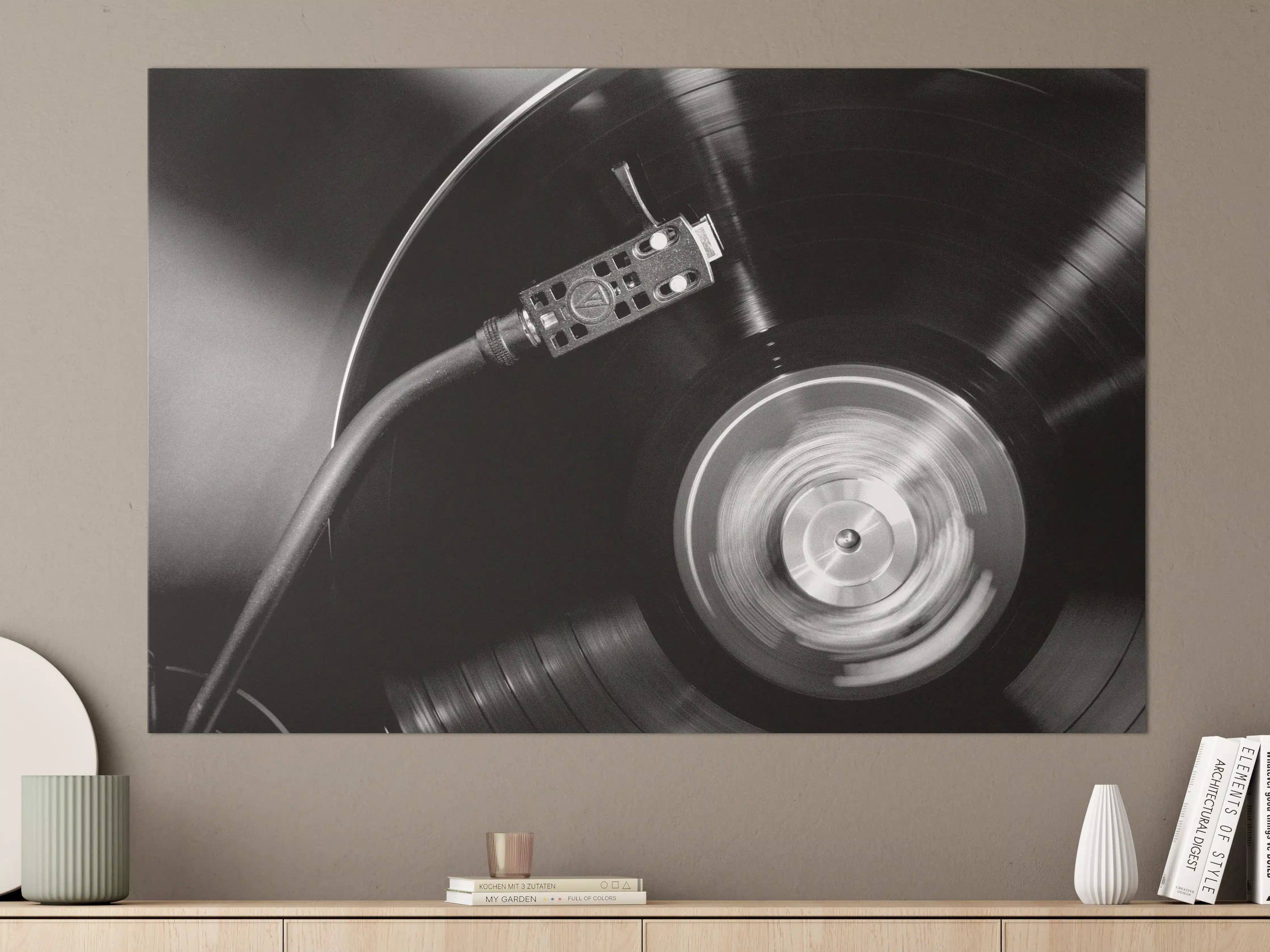 Große Wandbilder - Schallplatte und Plattenspieler in Schwarz-Weiß