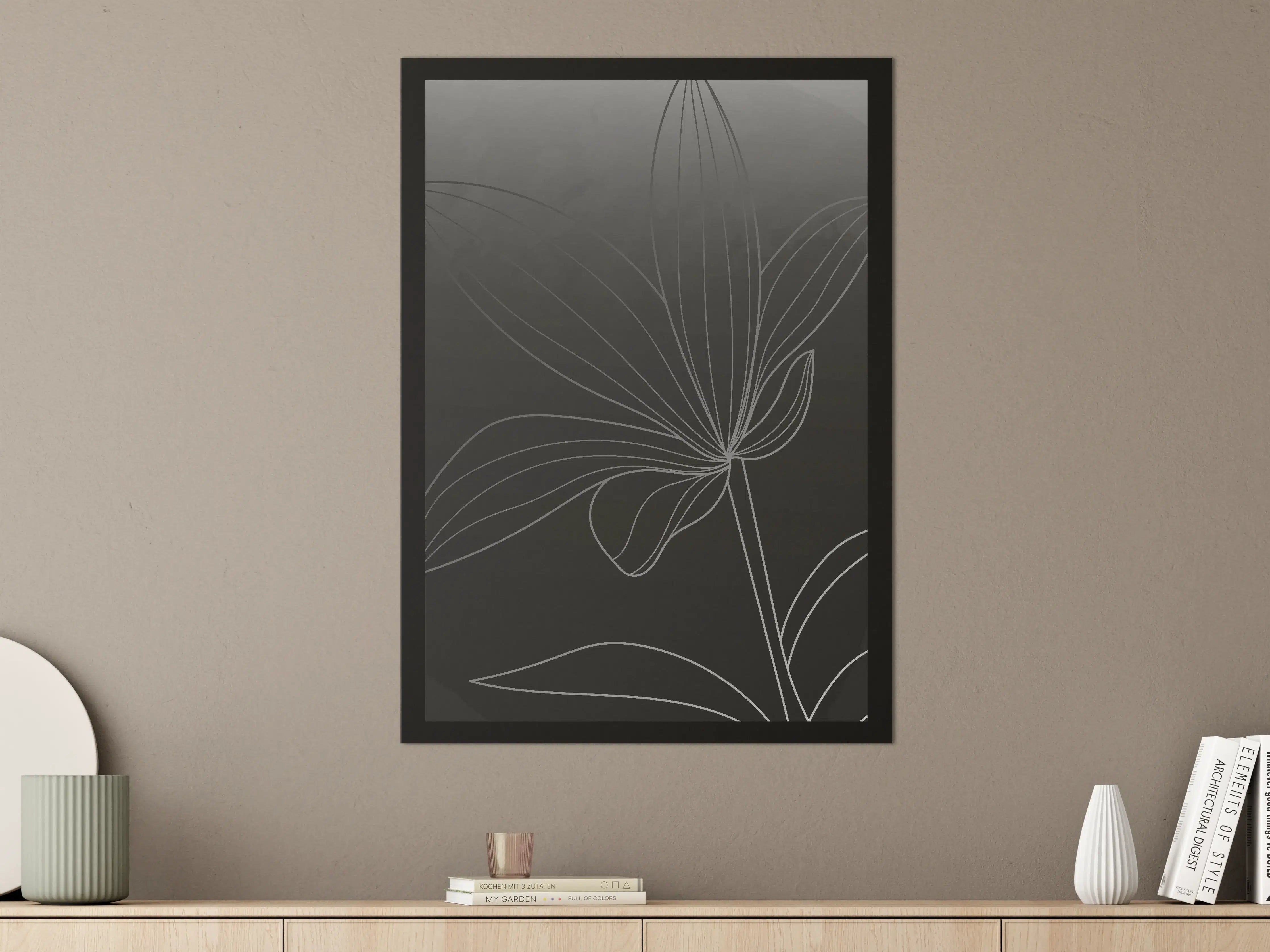 Große Wandbilder - Schlichte Blumenlinie auf dunklem Hintergrund