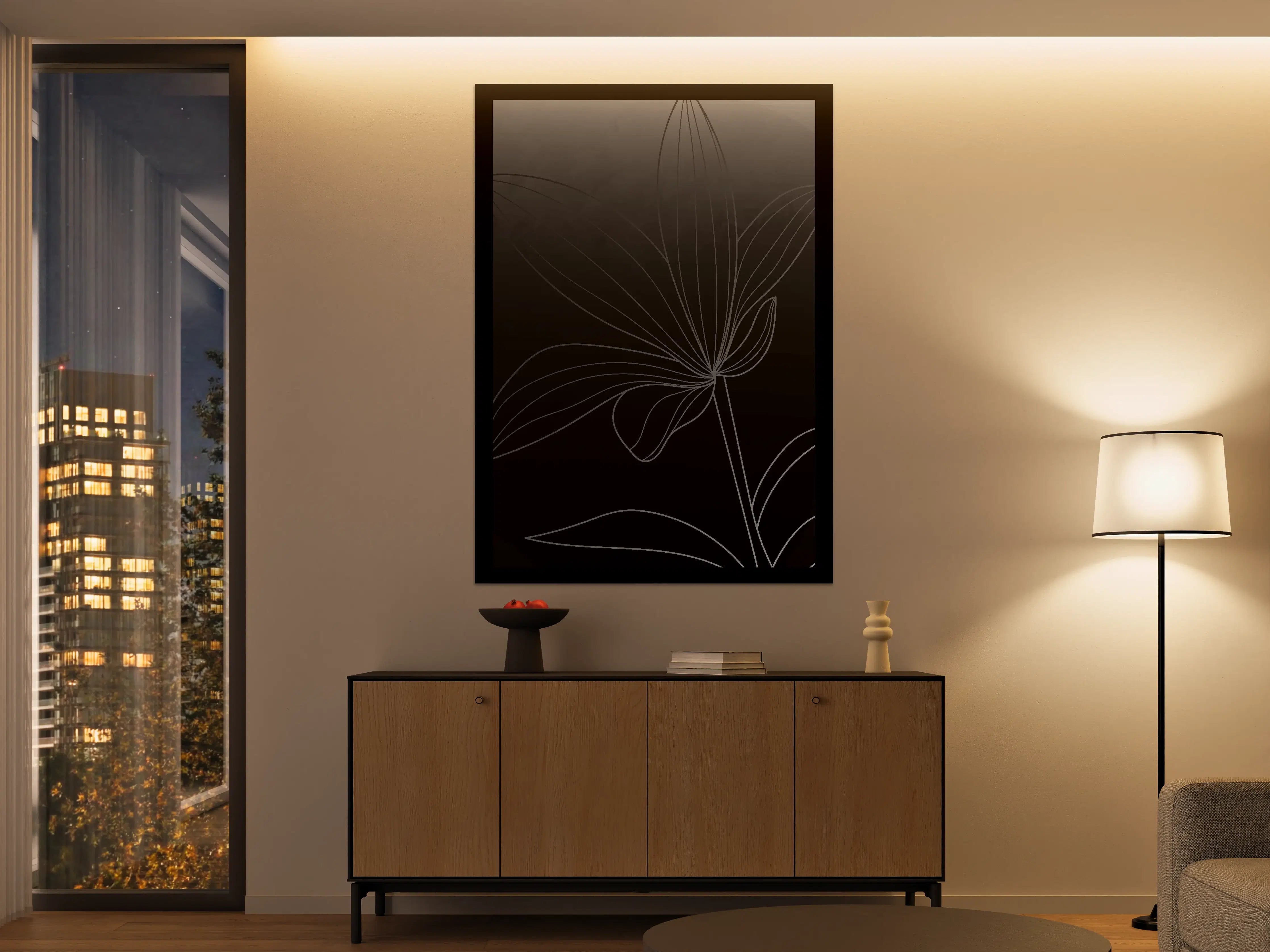 Große Wandbilder - Schlichte Blumenlinie auf dunklem Hintergrund