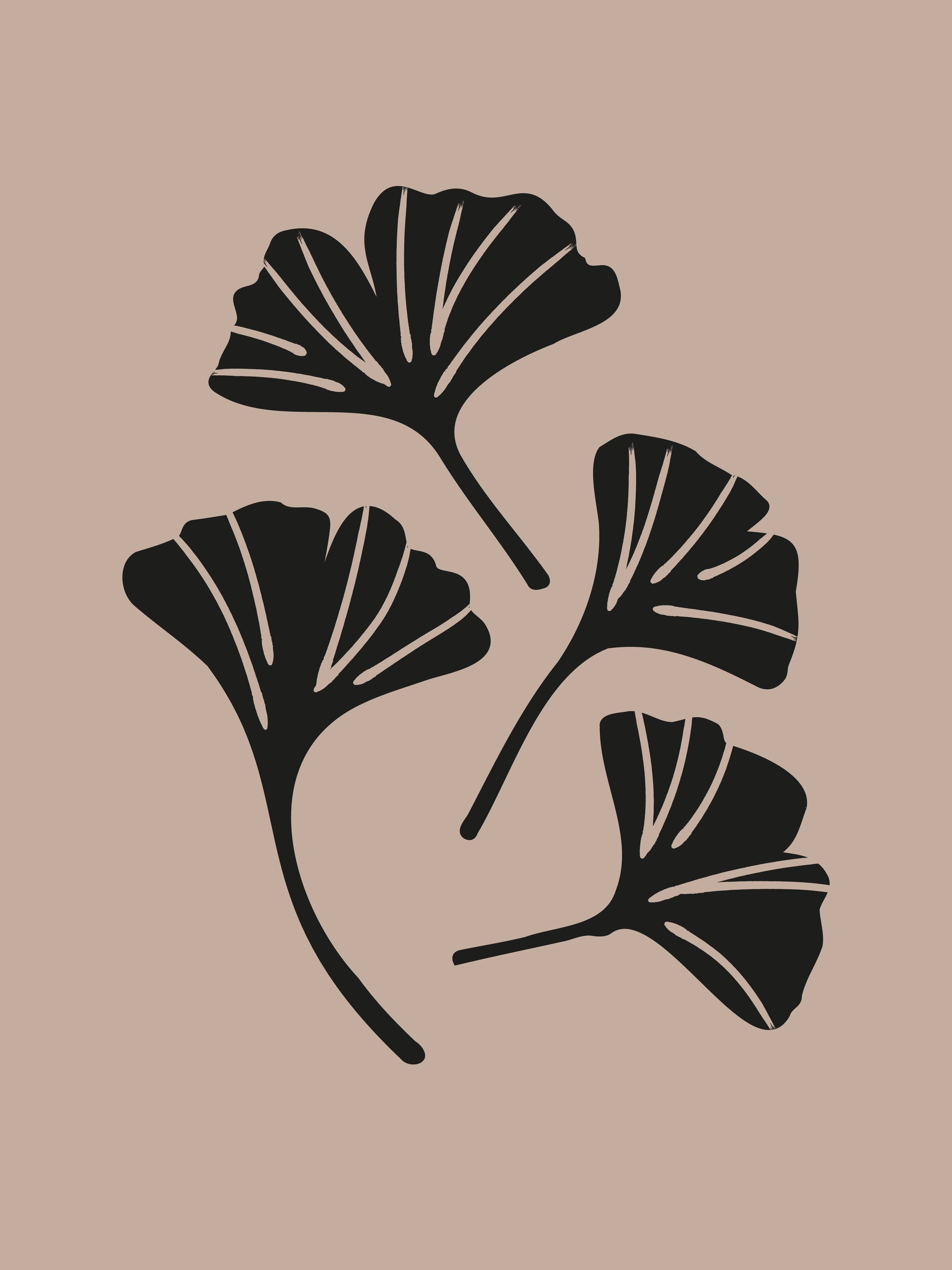 Große Wandbilder-Schlichte Ginkgo-Blätter in Schwarz auf Beigen Hintergrund