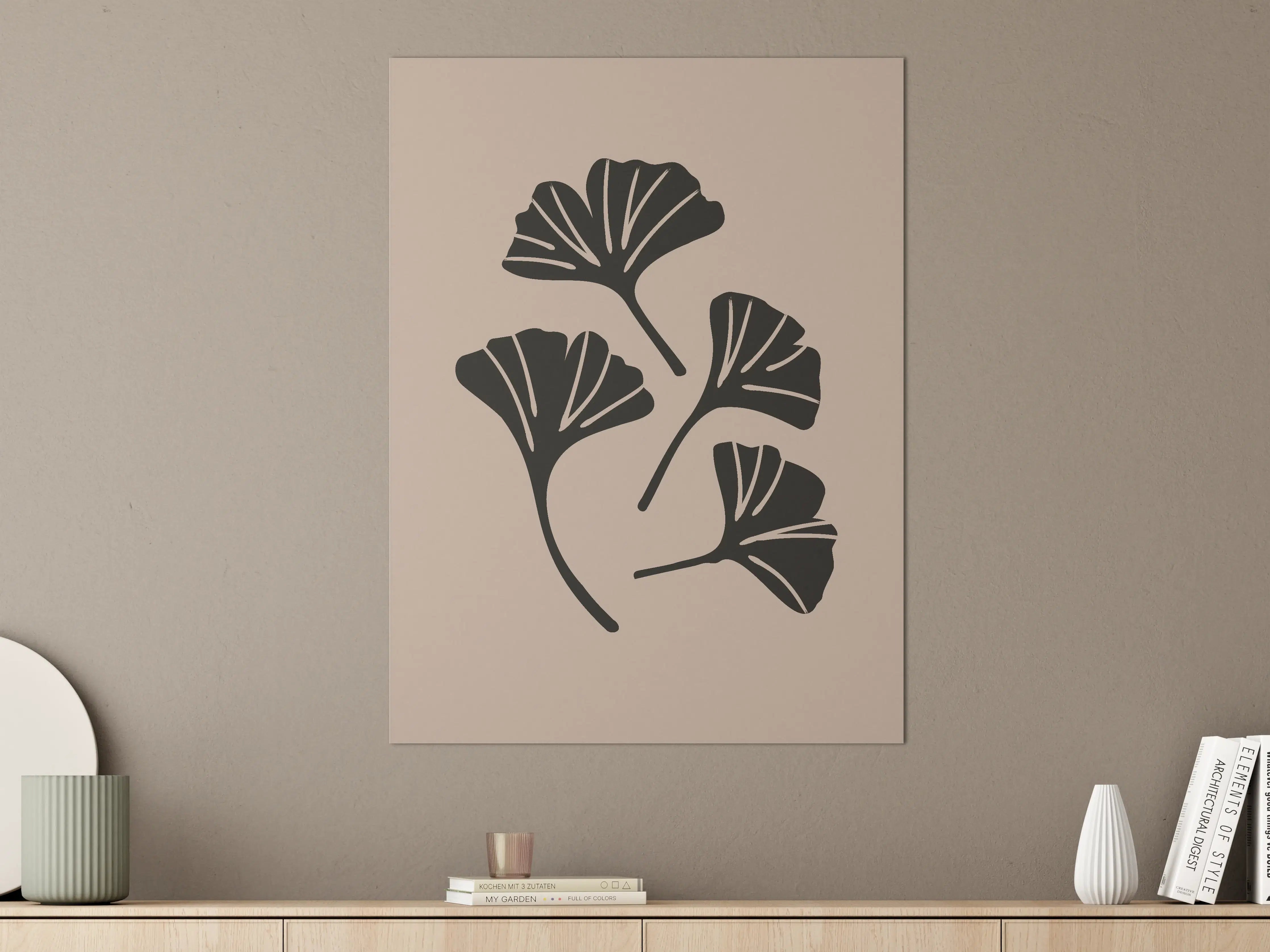 Große Wandbilder - Schlichte Ginkgo-Blätter in Schwarz auf Beigen Hintergrund