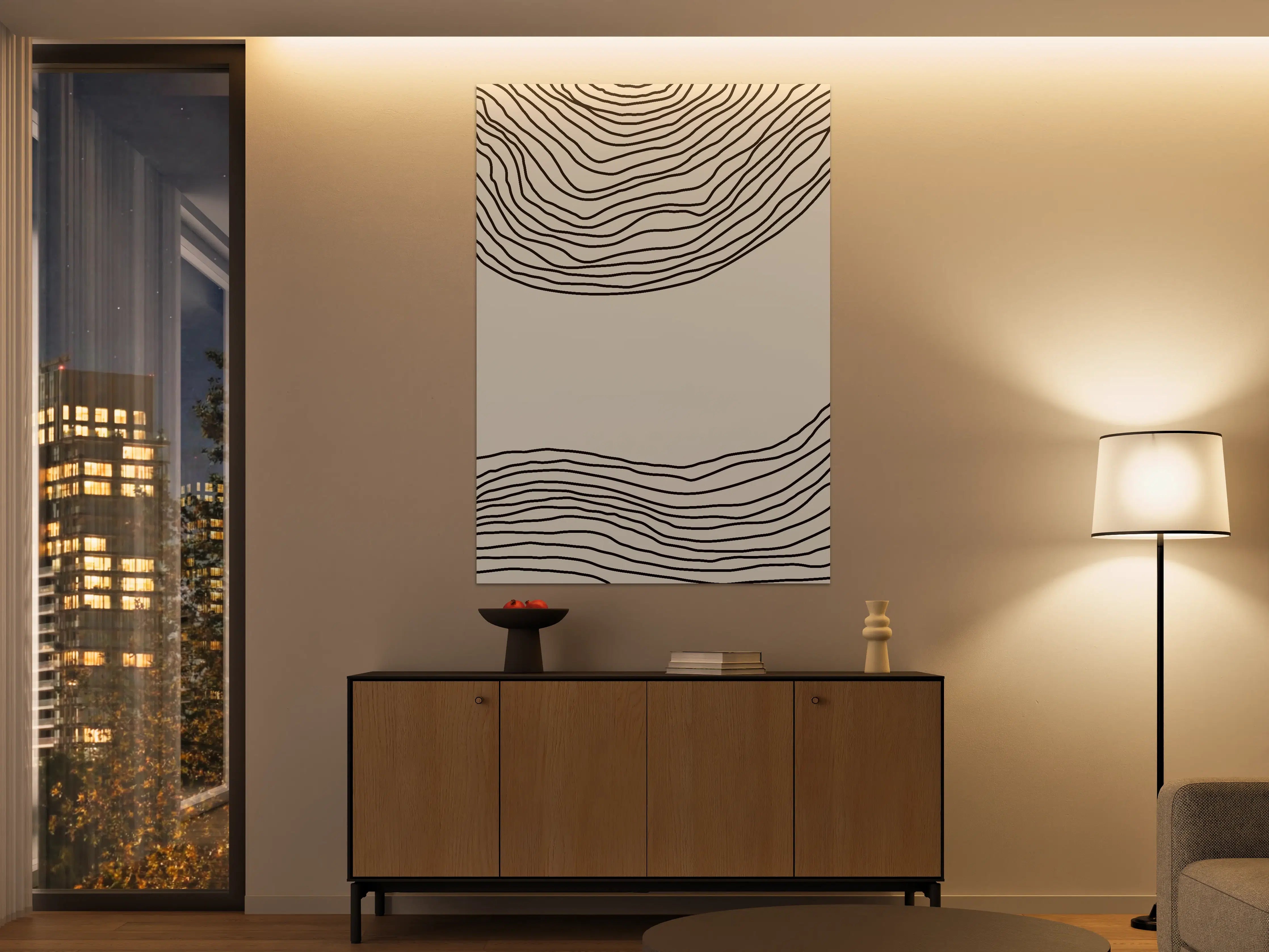 Große Wandbilder - Schlichte Linienkunst in Beige mit schwarzen Konturen