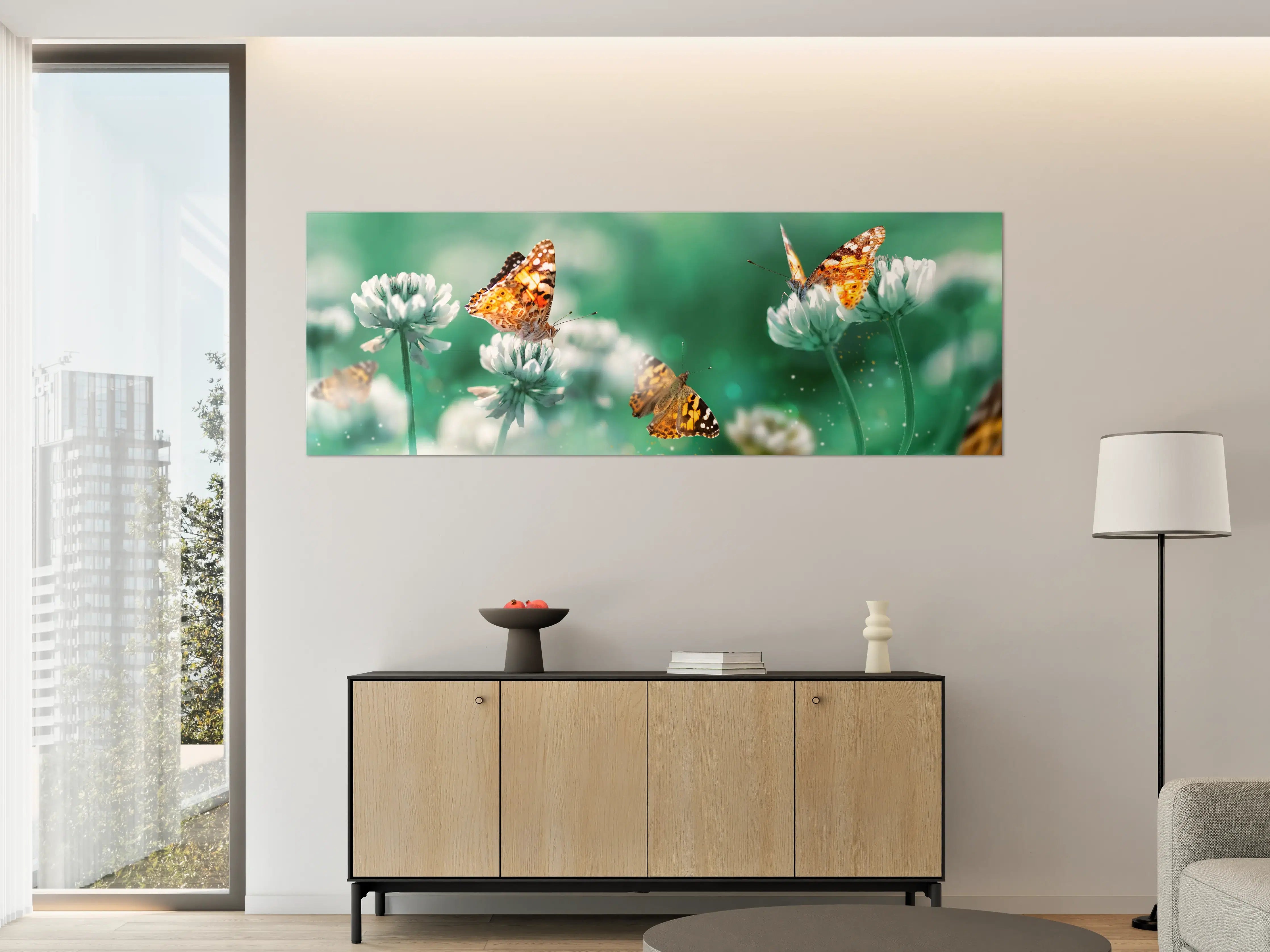 Große Wandbilder - Schmetterling auf Weißkleeblüten