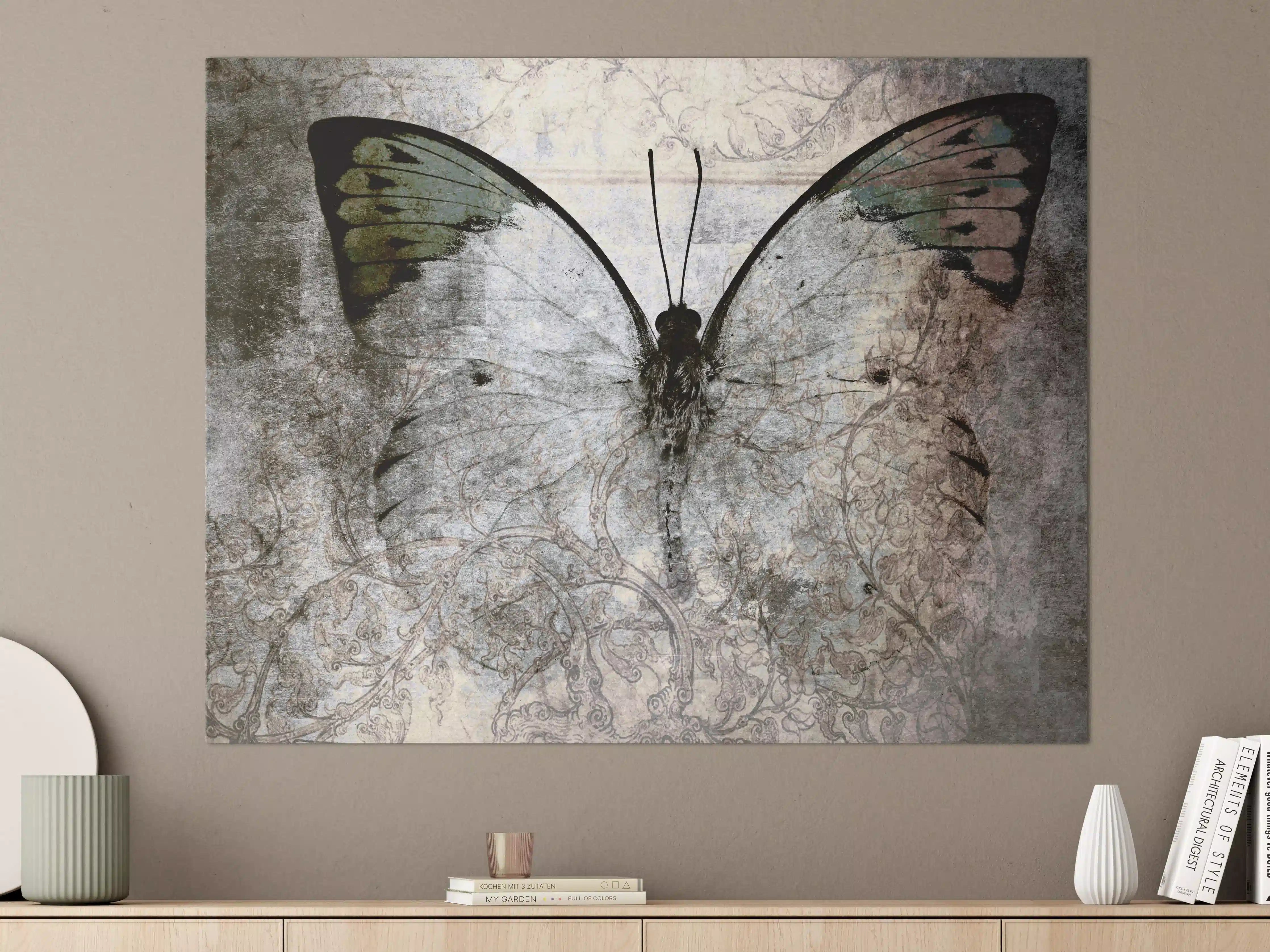 Große Wandbilder - Schmetterling auf alter Wand mit grauer Struktur