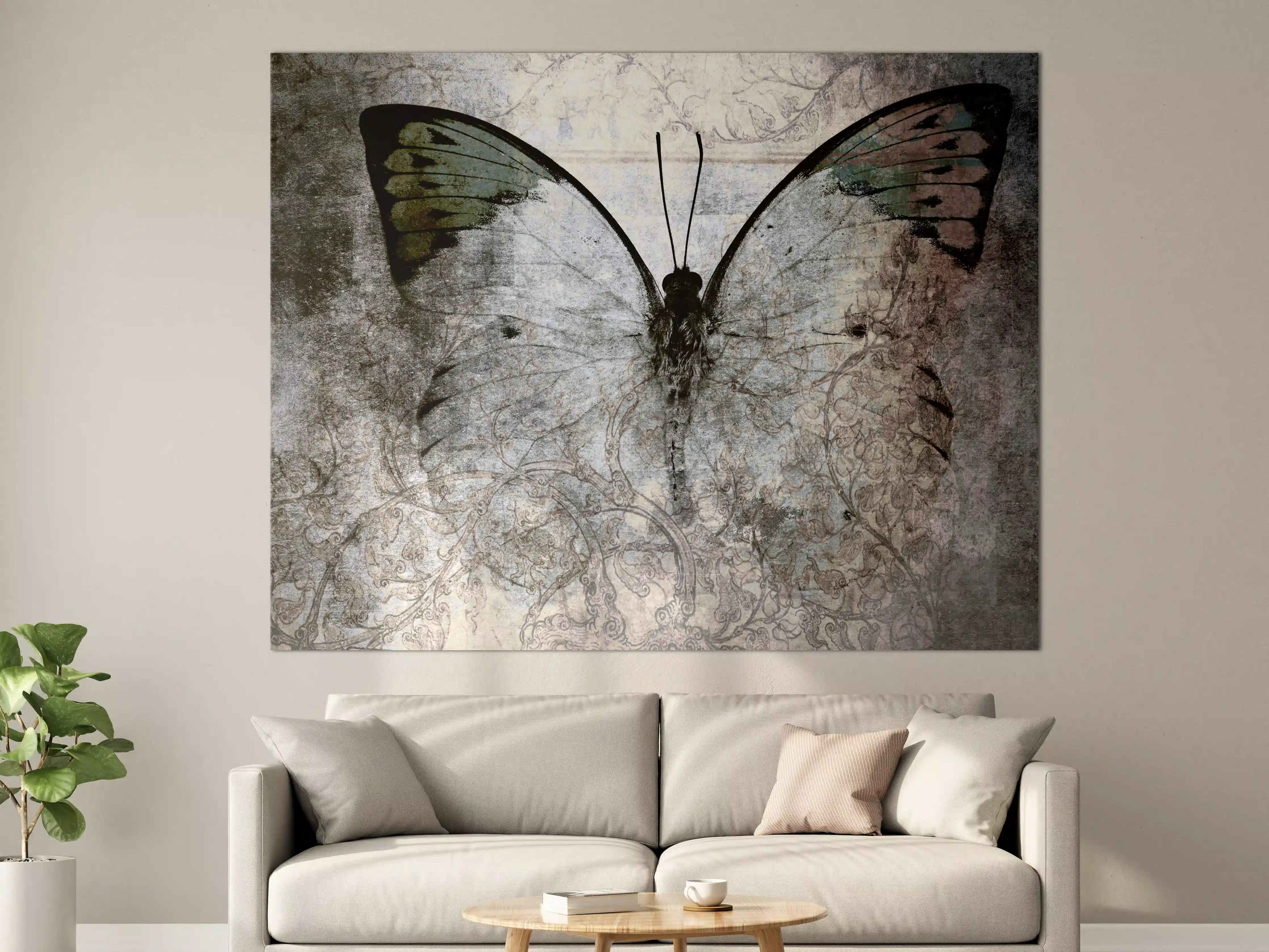 Große Wandbilder - Schmetterling auf alter Wand mit grauer Struktur