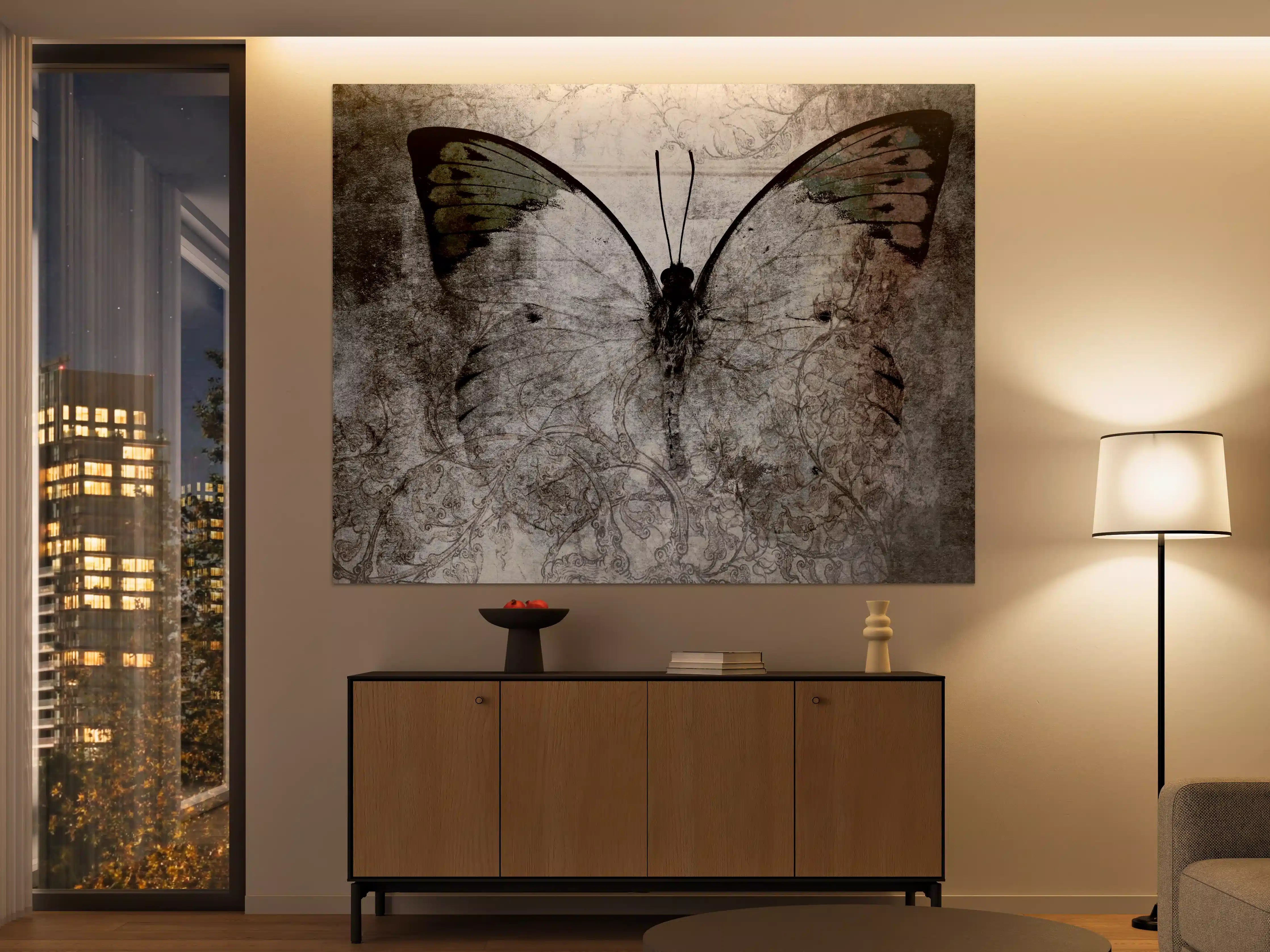 Große Wandbilder - Schmetterling auf alter Wand mit grauer Struktur