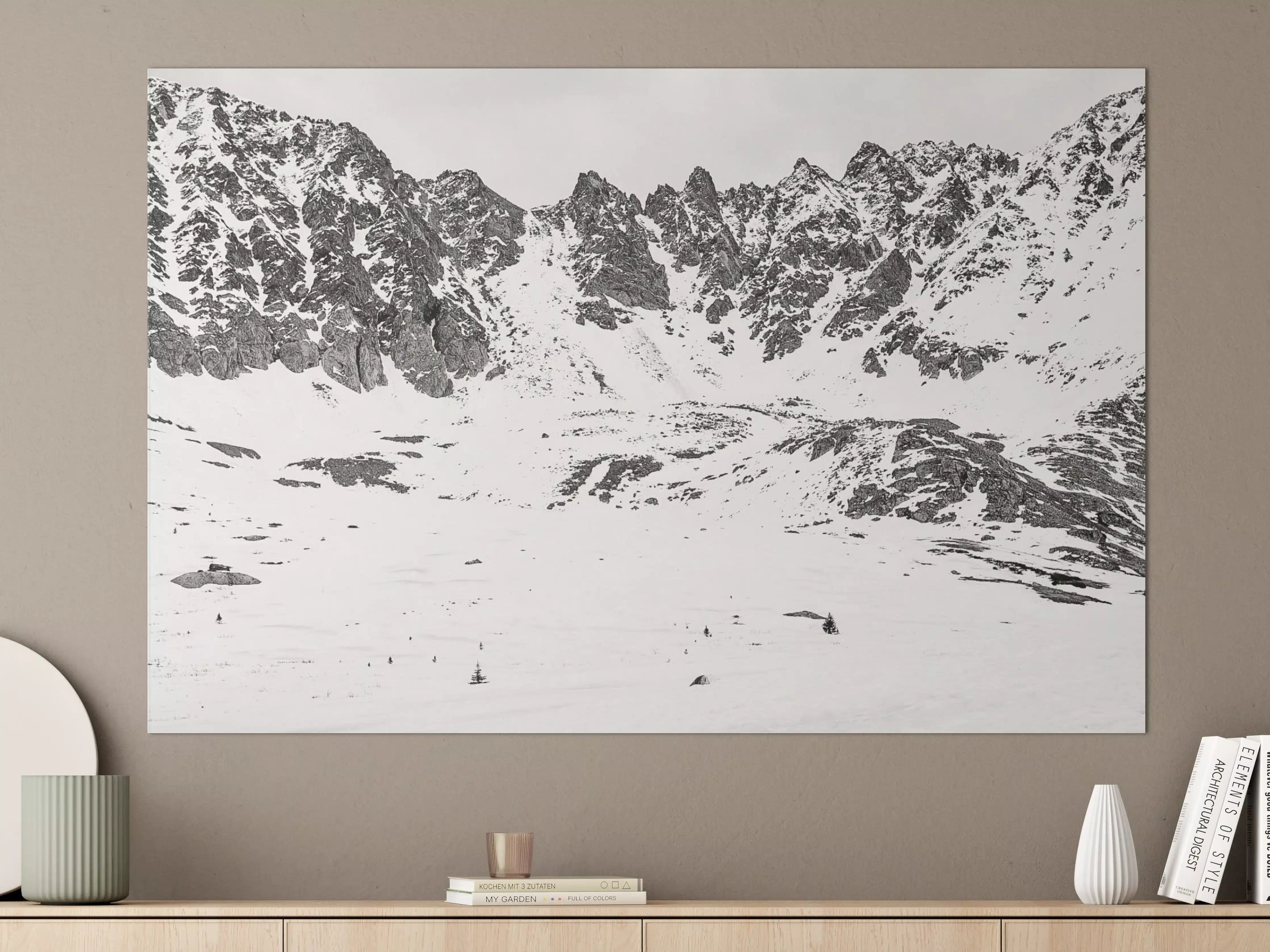 Große Wandbilder - Schneebedeckte Berglandschaft in Schwarz-Weiß