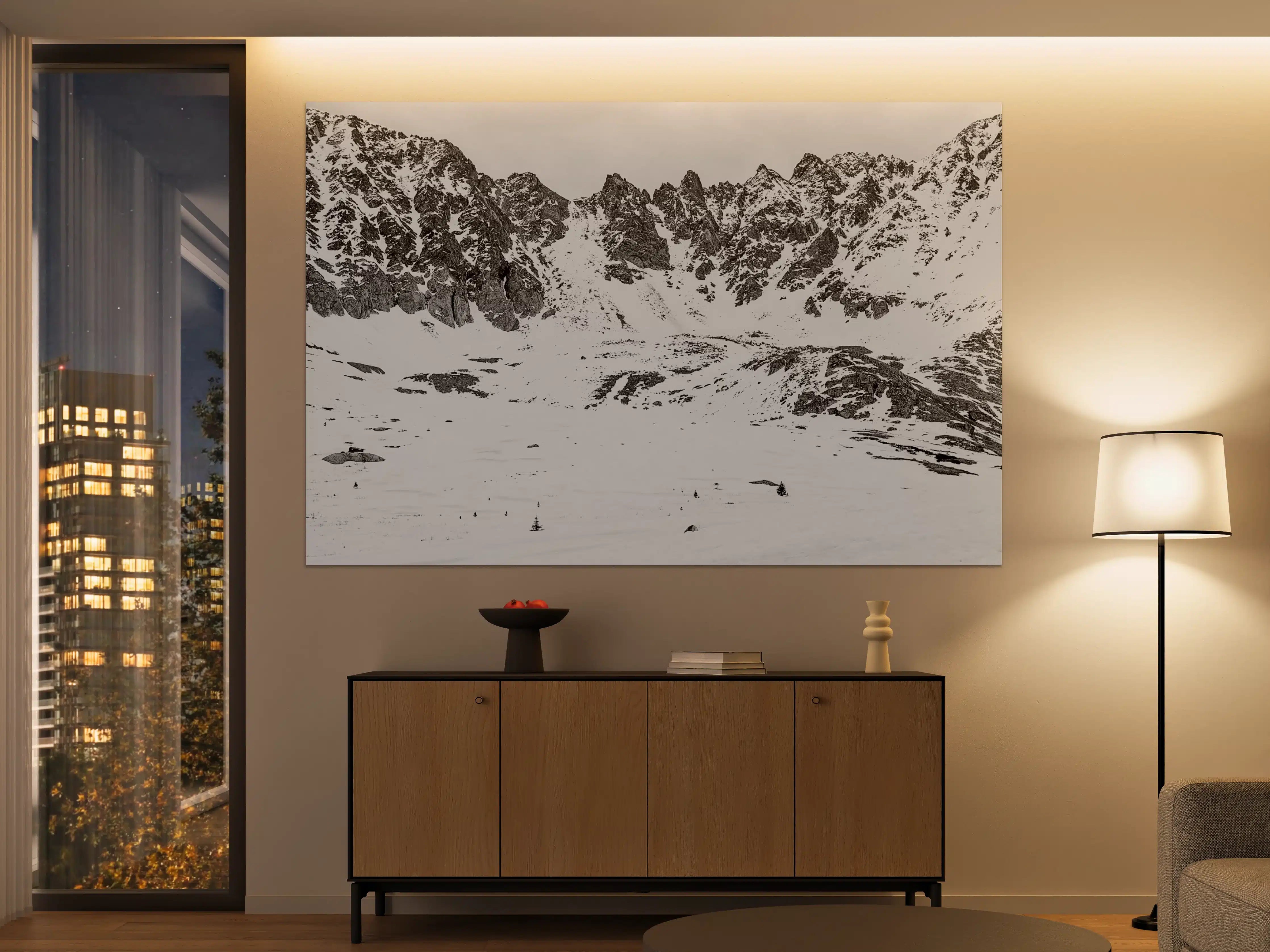 Große Wandbilder - Schneebedeckte Berglandschaft in Schwarz-Weiß