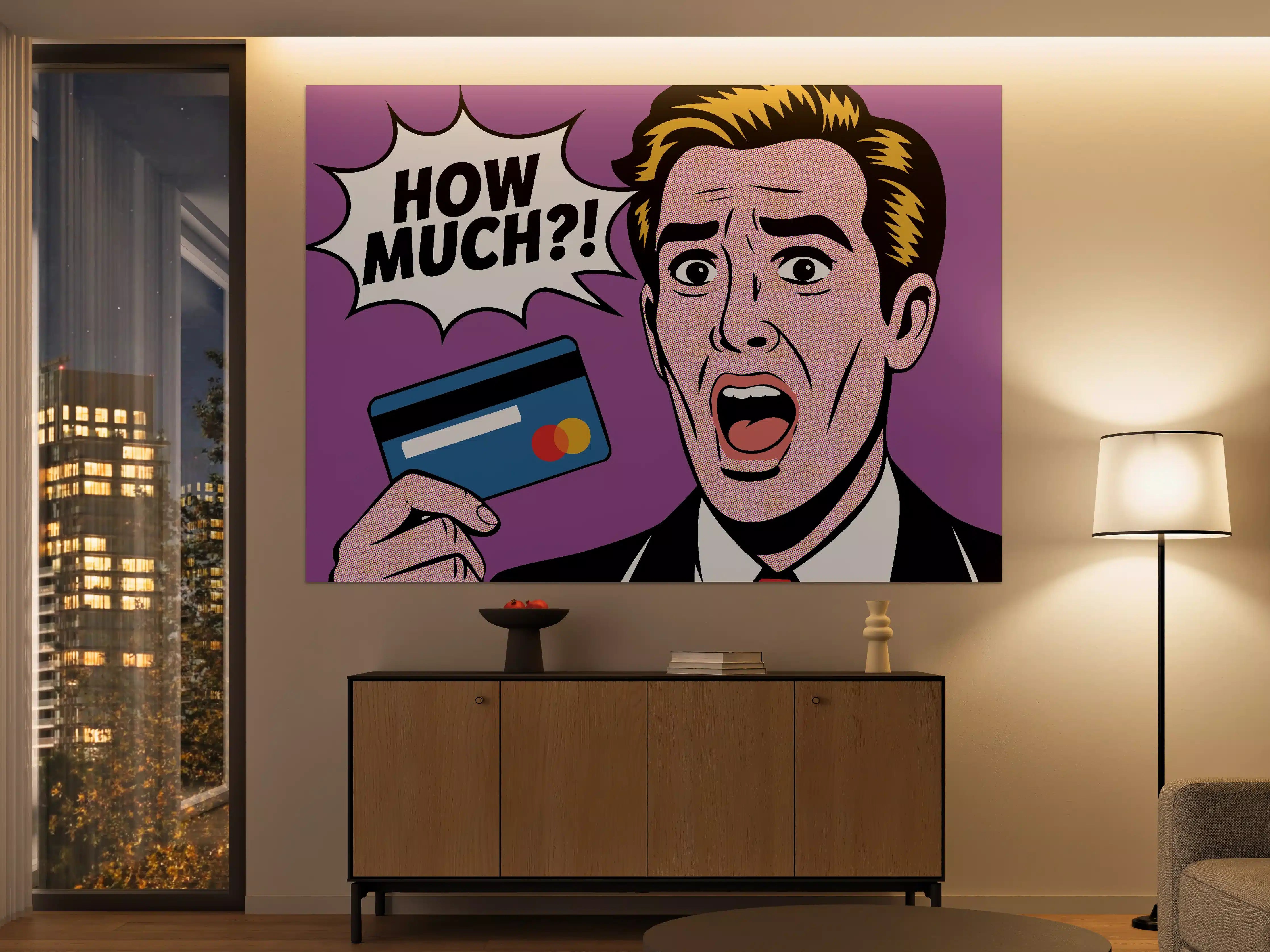 Große Wandbilder - Schockierter Mann mit Kreditkarte in Pop-Art-Optik
