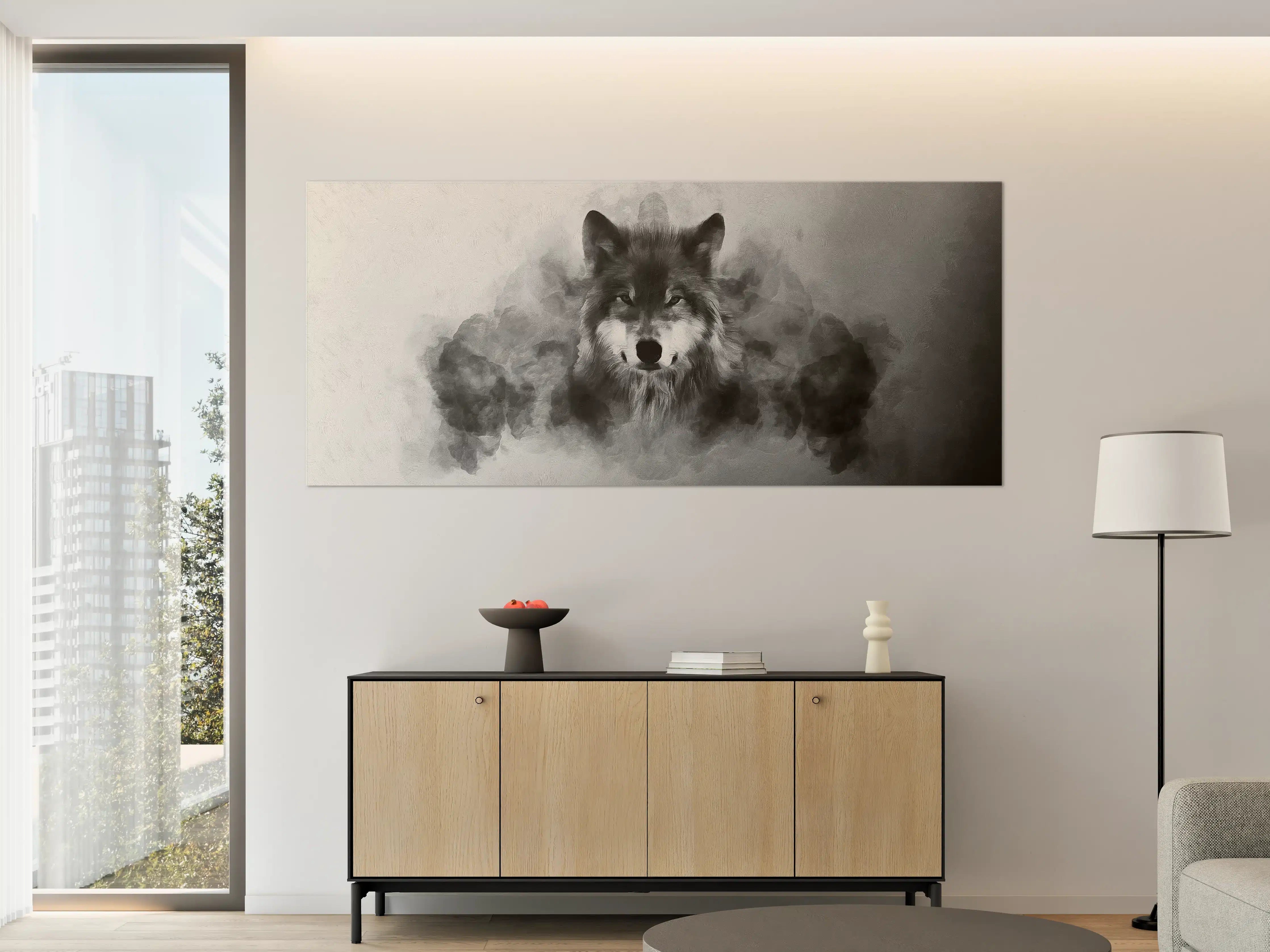 Große Wandbilder - Schönes Wolfsportrait in Grautönen