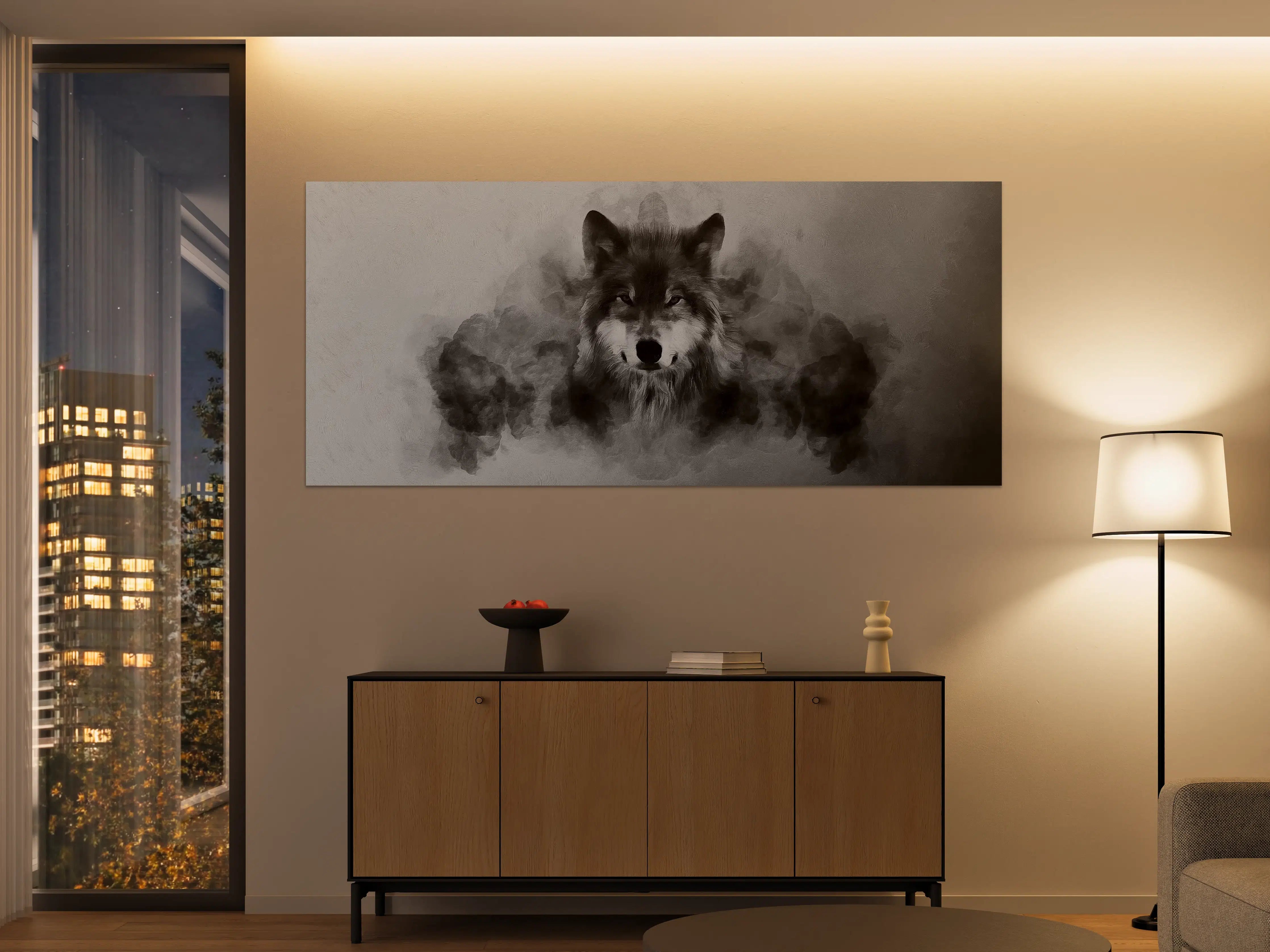 Große Wandbilder - Schönes Wolfsportrait in Grautönen