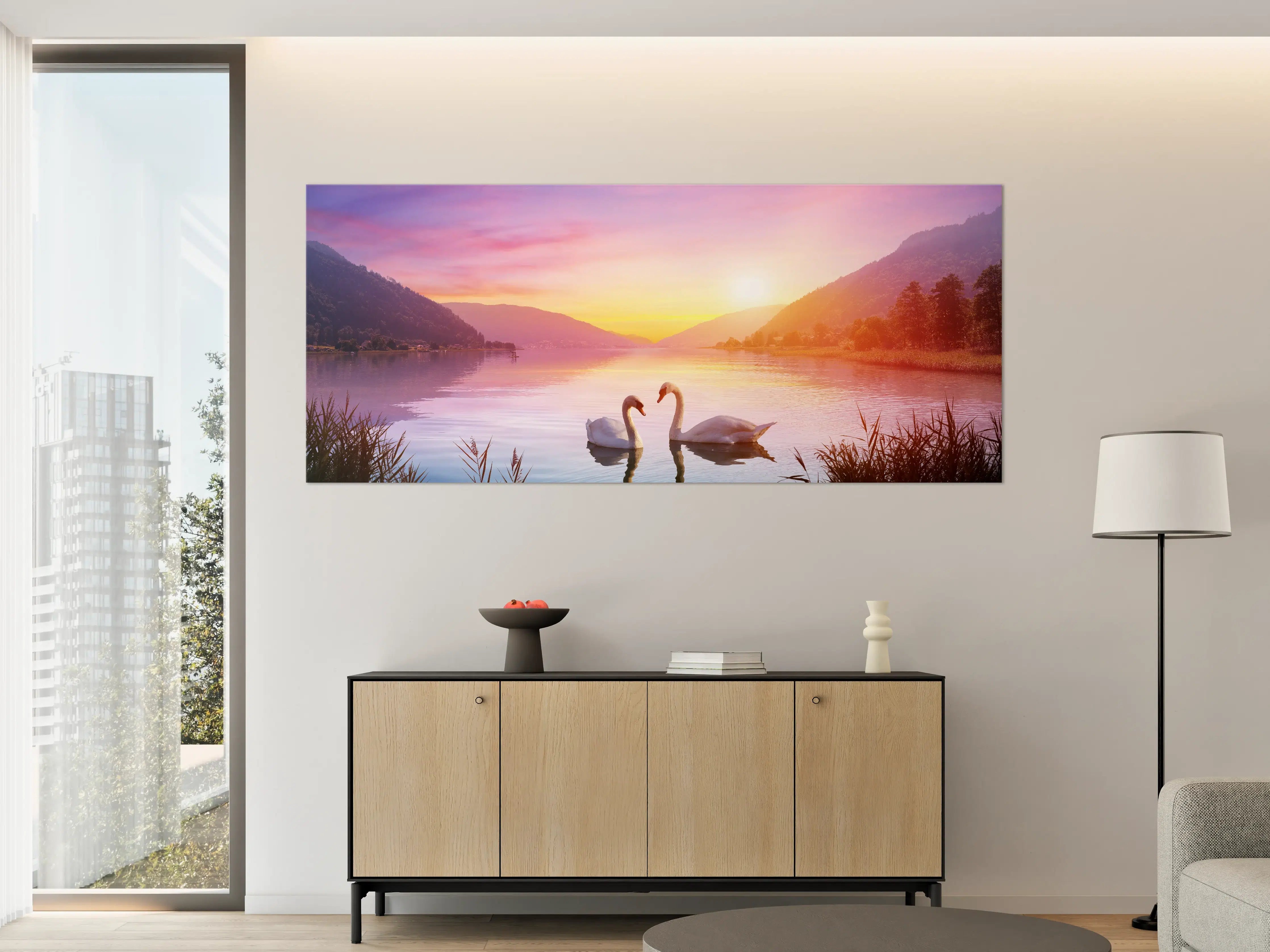 Große Wandbilder - Schwäne über dem See bei Sonnenaufgang - Ruhe und Romantik