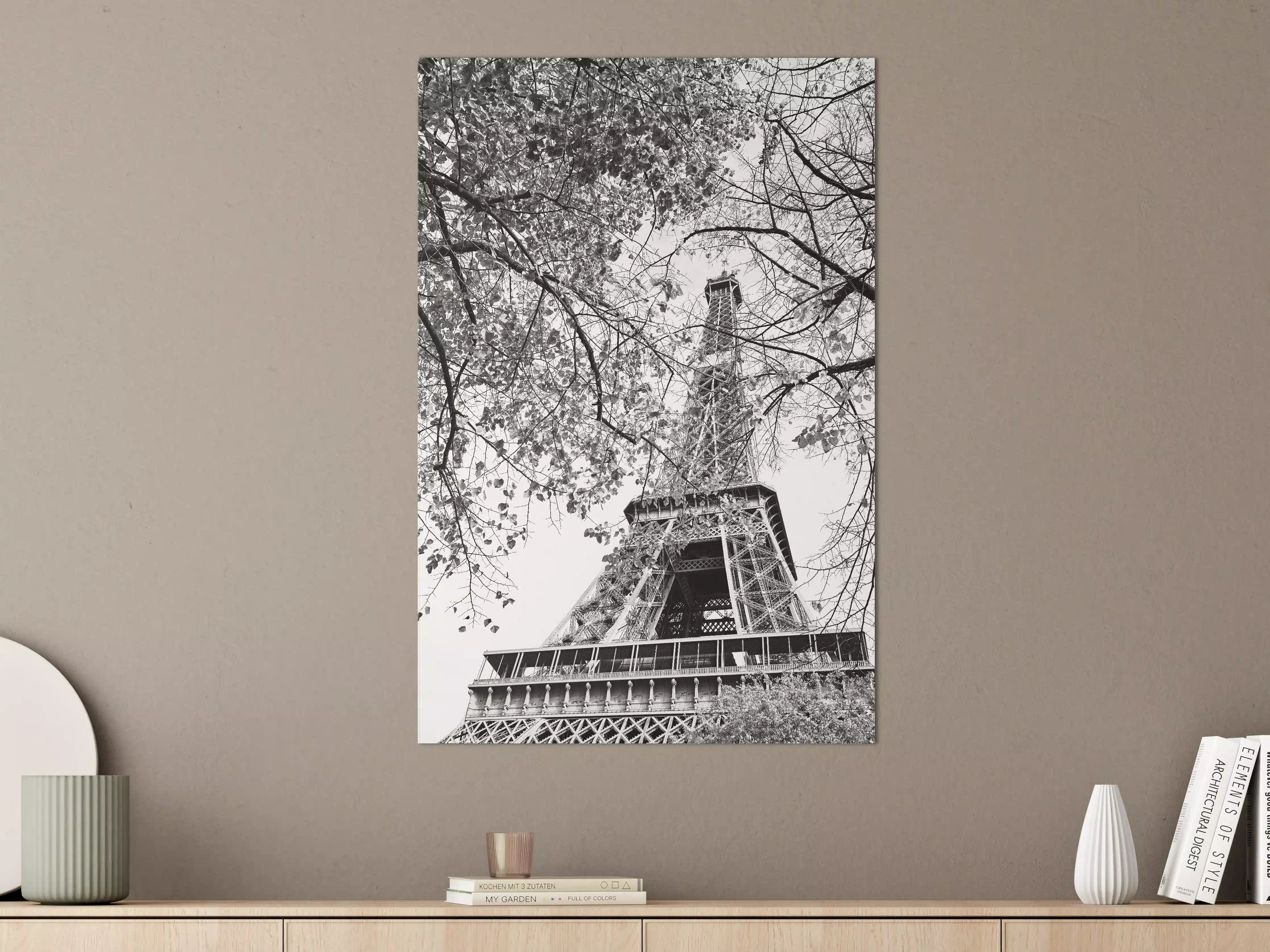 Große Wandbilder - Schwarz-Weiß-Eiffelturm mit herbstlichen Ästen