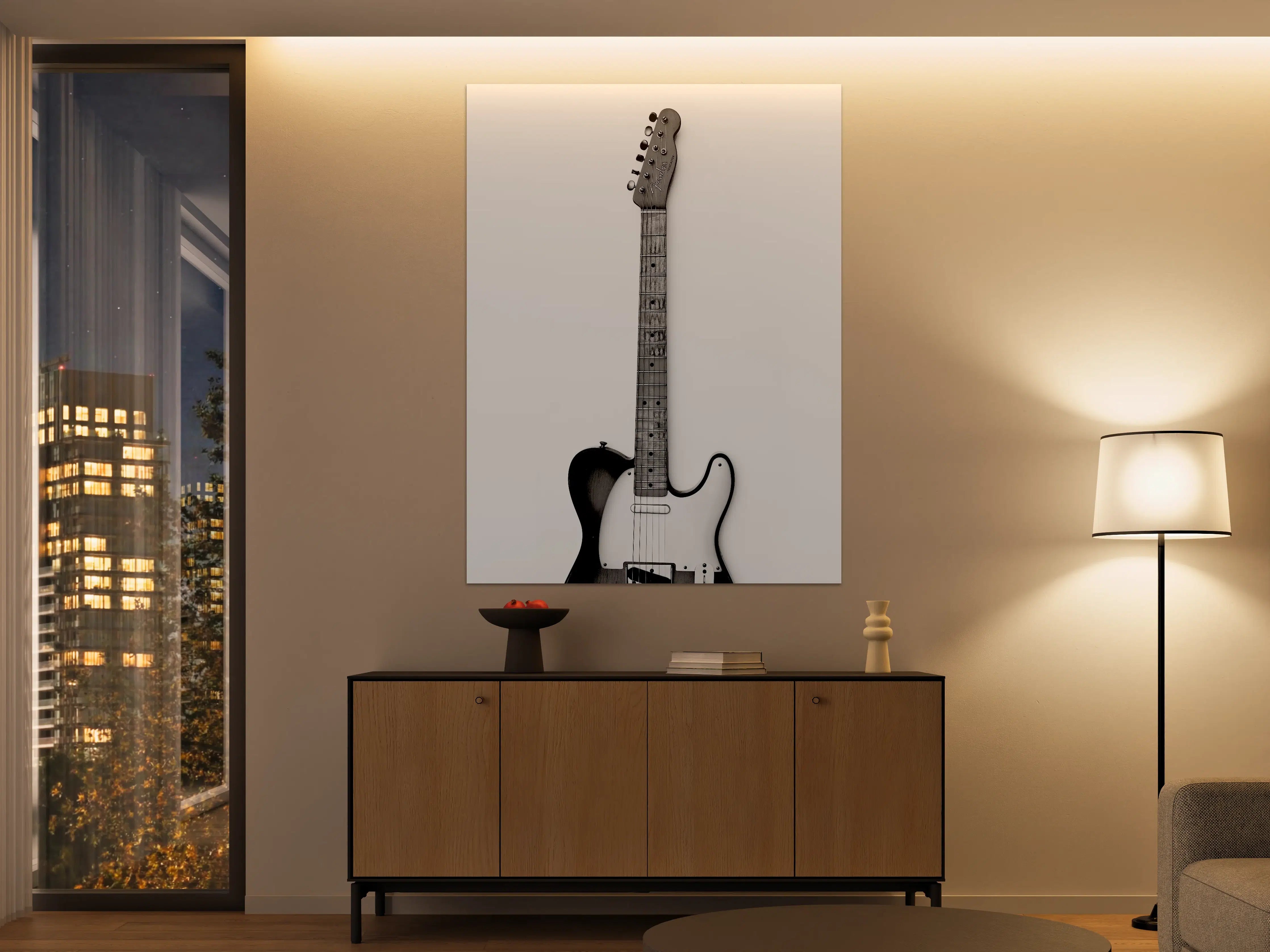 Große Wandbilder - Schwarz-Weiß-Gitarre mit Holzgriff