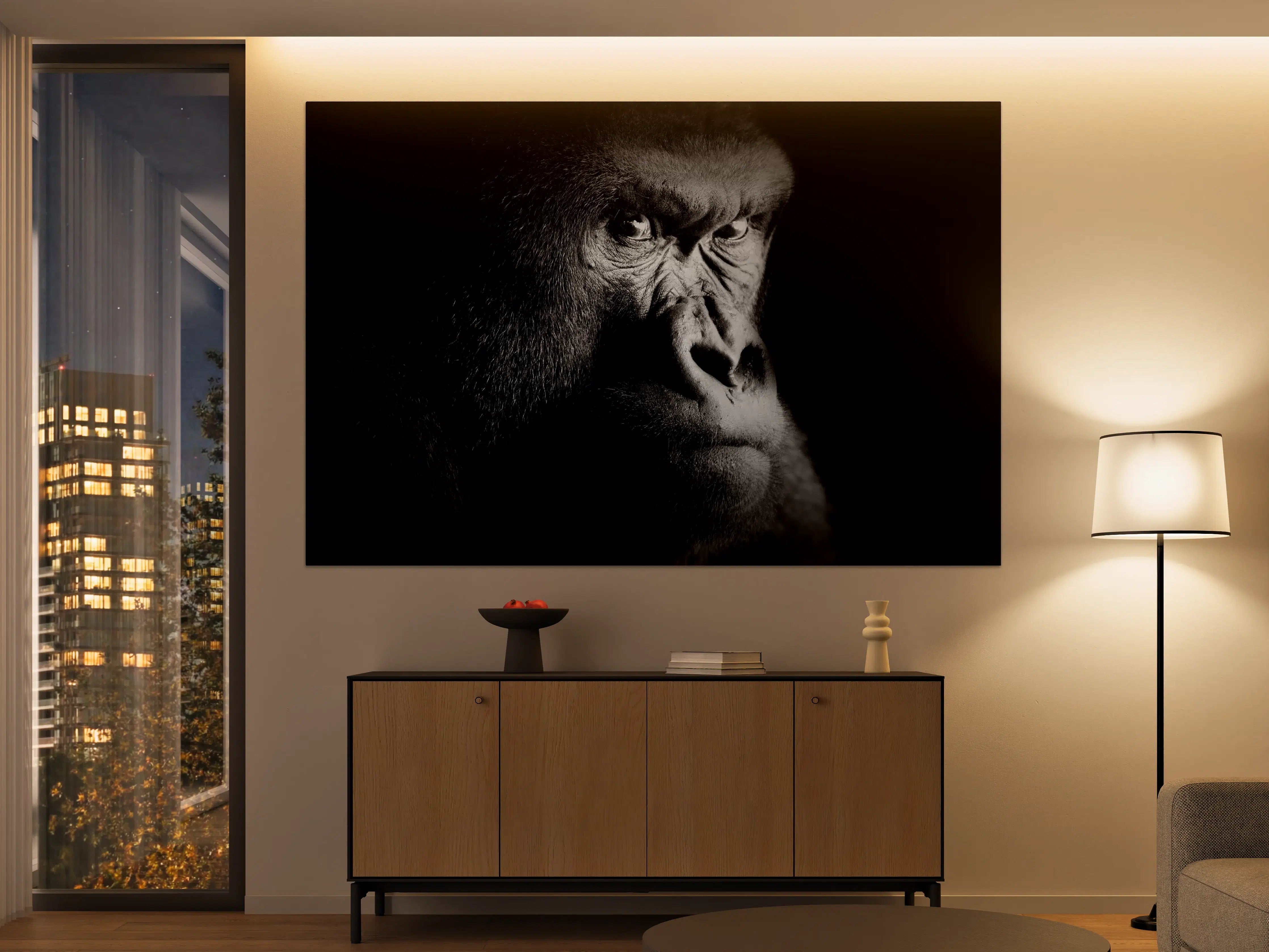 Große Wandbilder - Schwarz-Weiß-Gorilla mit intensiven Blick