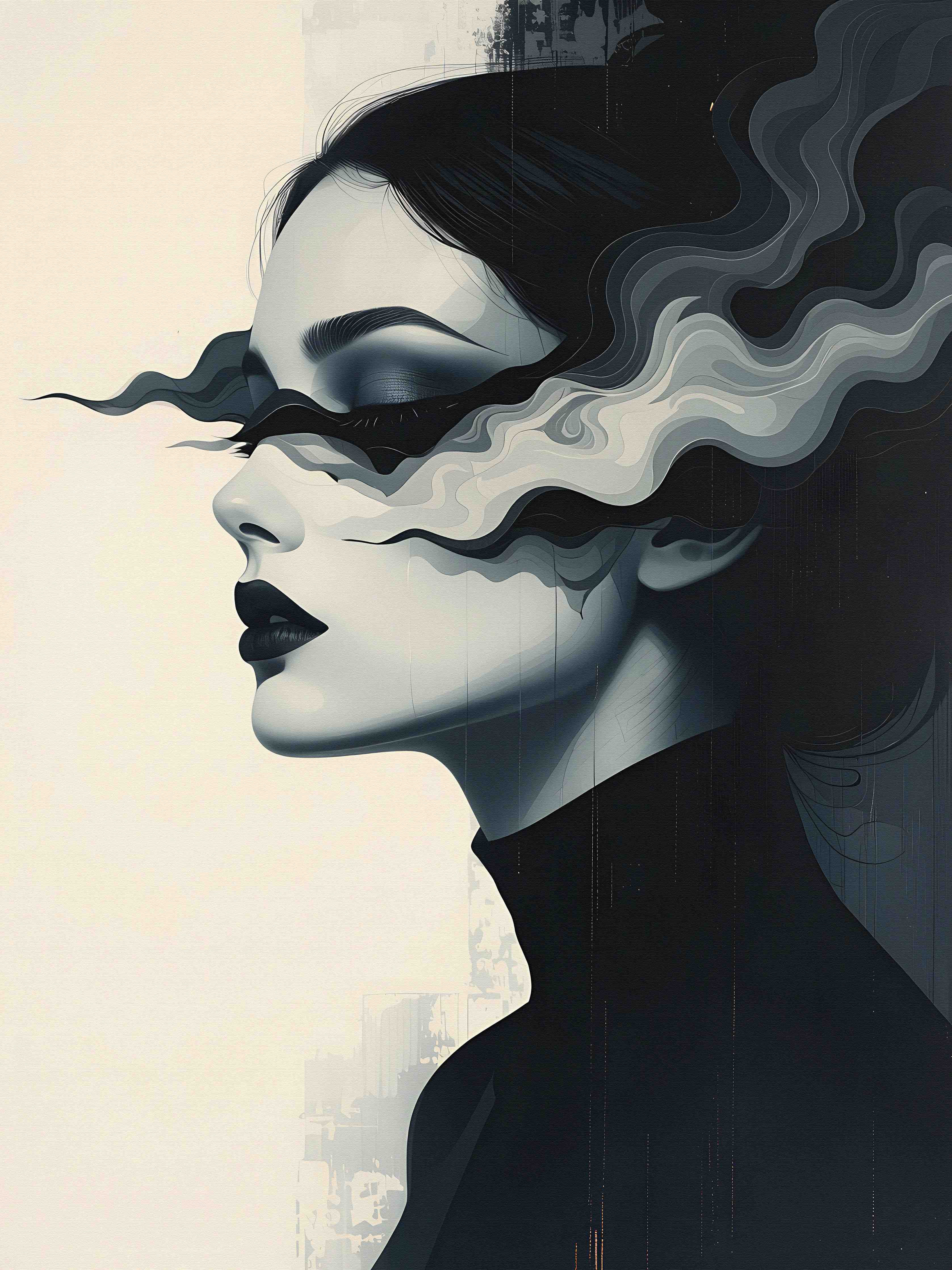 Große Wandbilder-Schwarz-Weiß-Kunstportrait mit abstrakter Rauchoptik