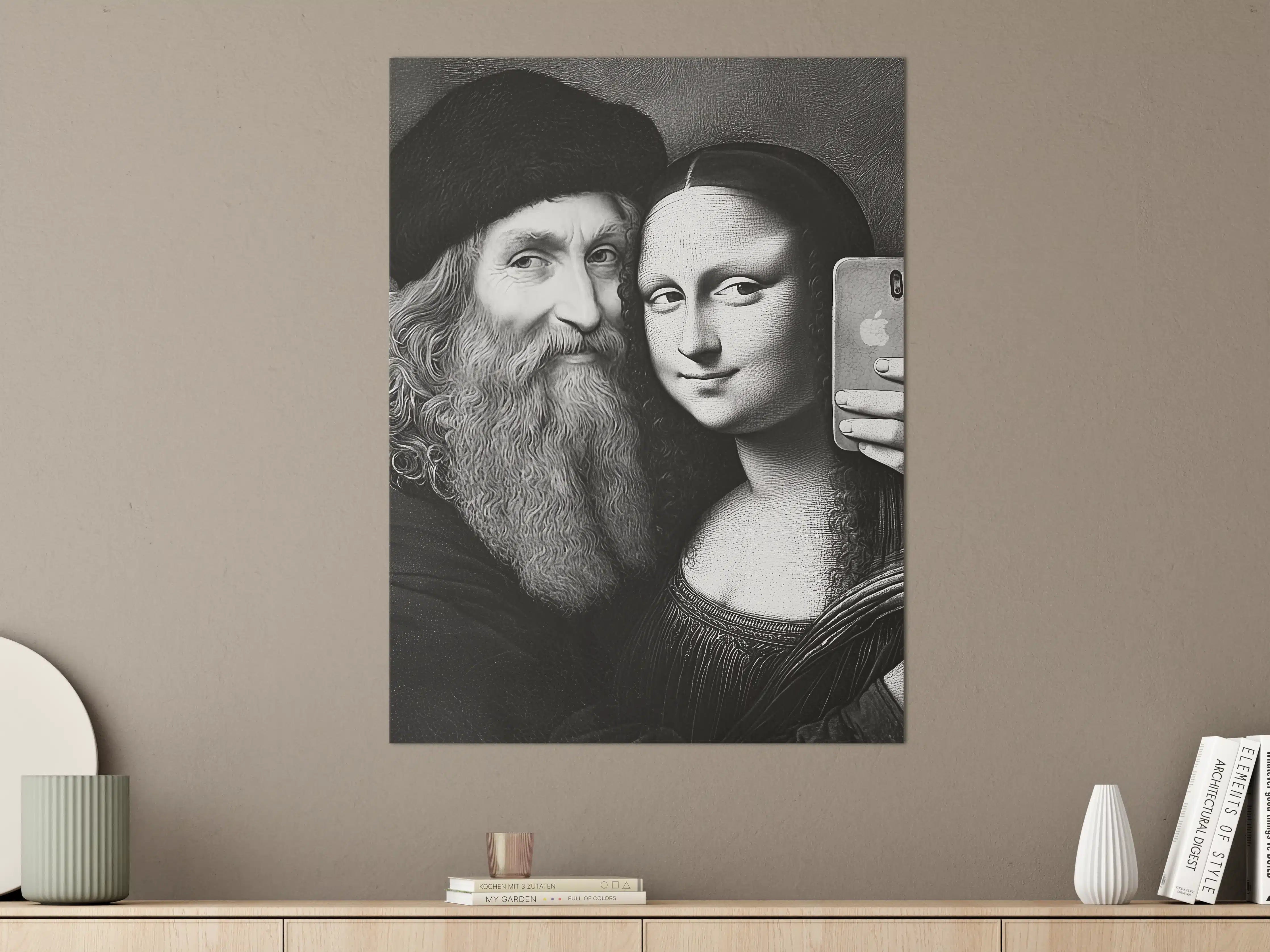 Große Wandbilder - Schwarz-Weiß-Porträt von Mann mit Bart und Mona Lisa Figur