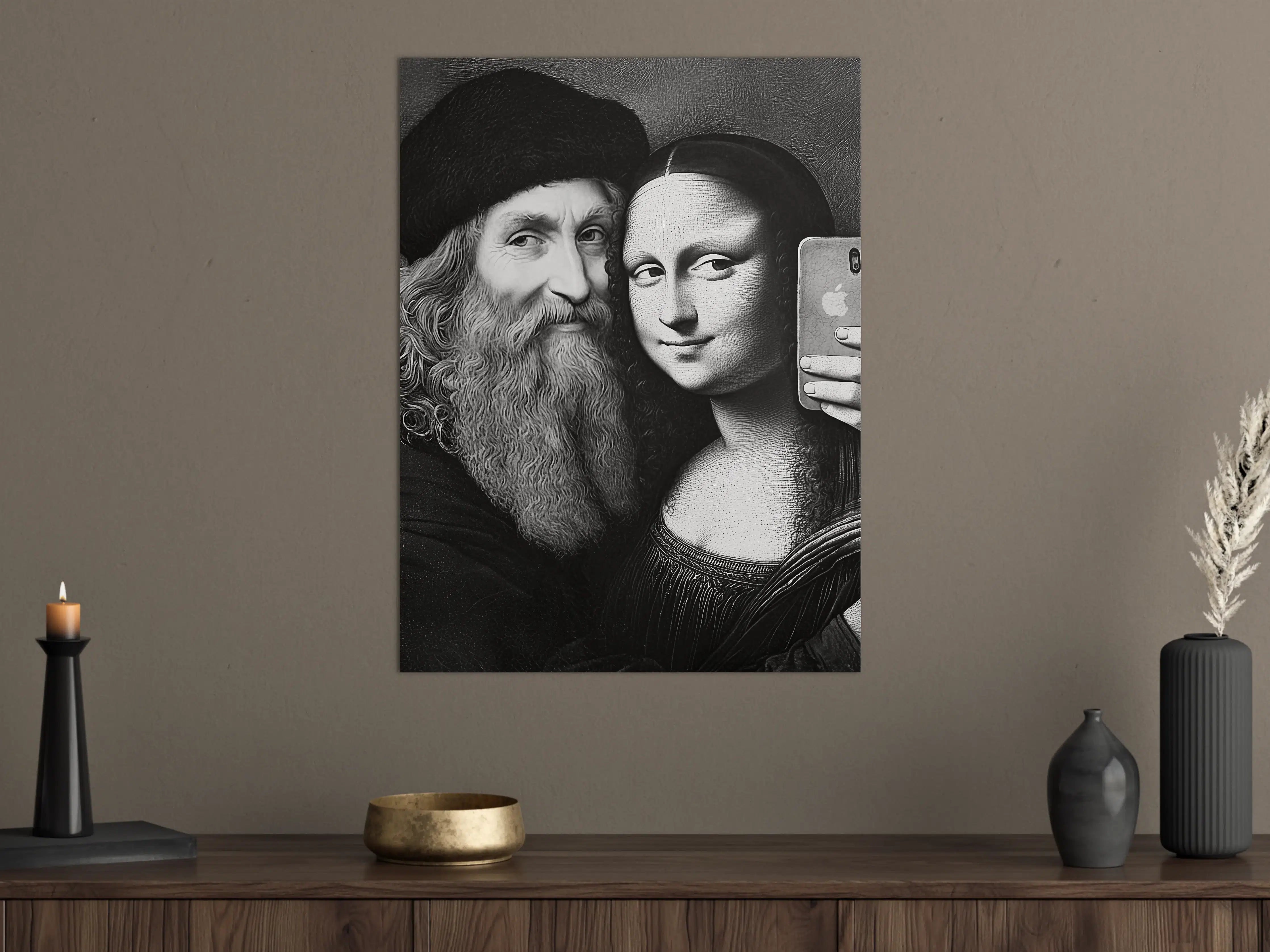 Große Wandbilder - Schwarz-Weiß-Porträt von Mann mit Bart und Mona Lisa Figur