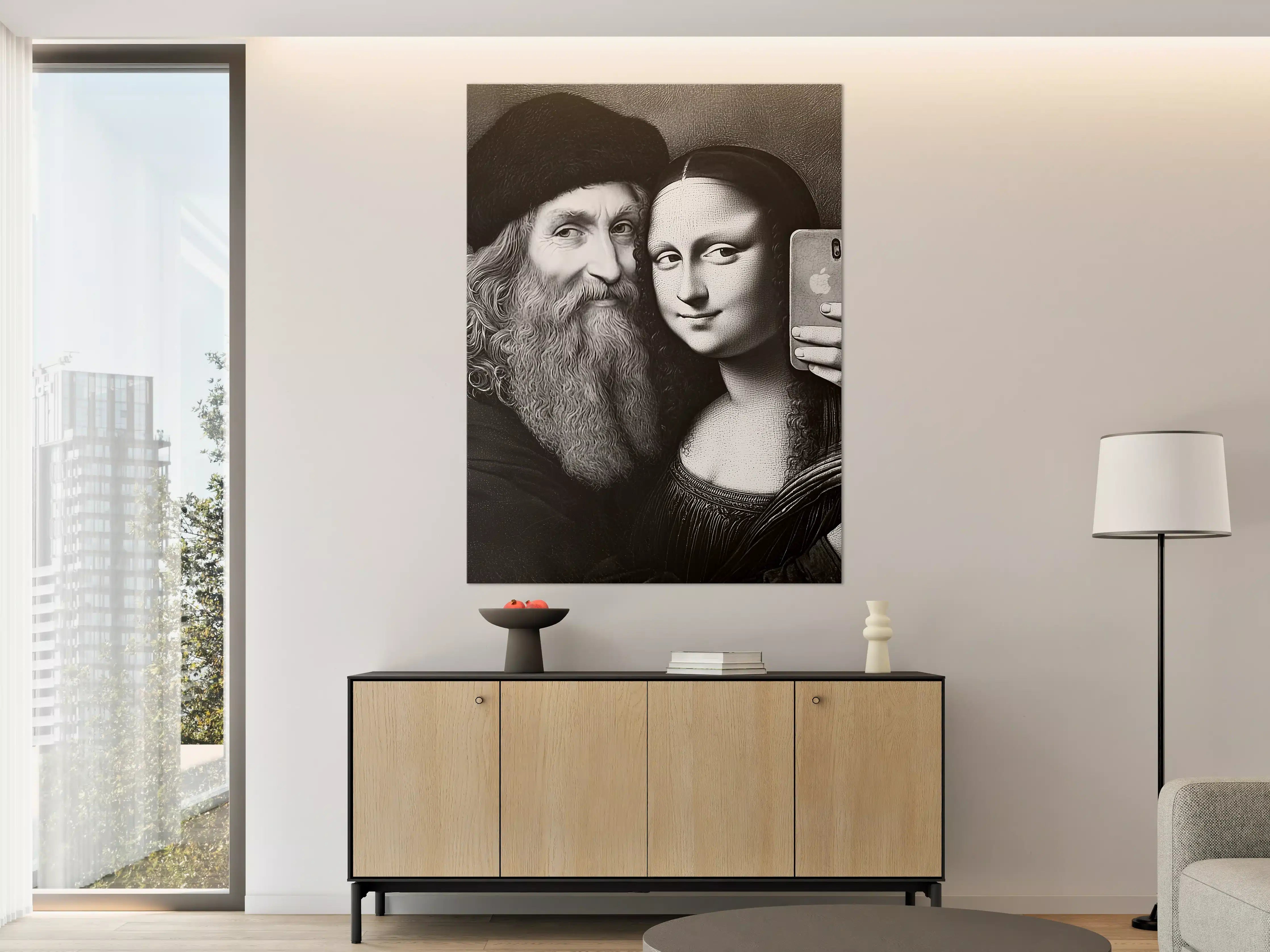 Große Wandbilder - Schwarz-Weiß-Porträt von Mann mit Bart und Mona Lisa Figur