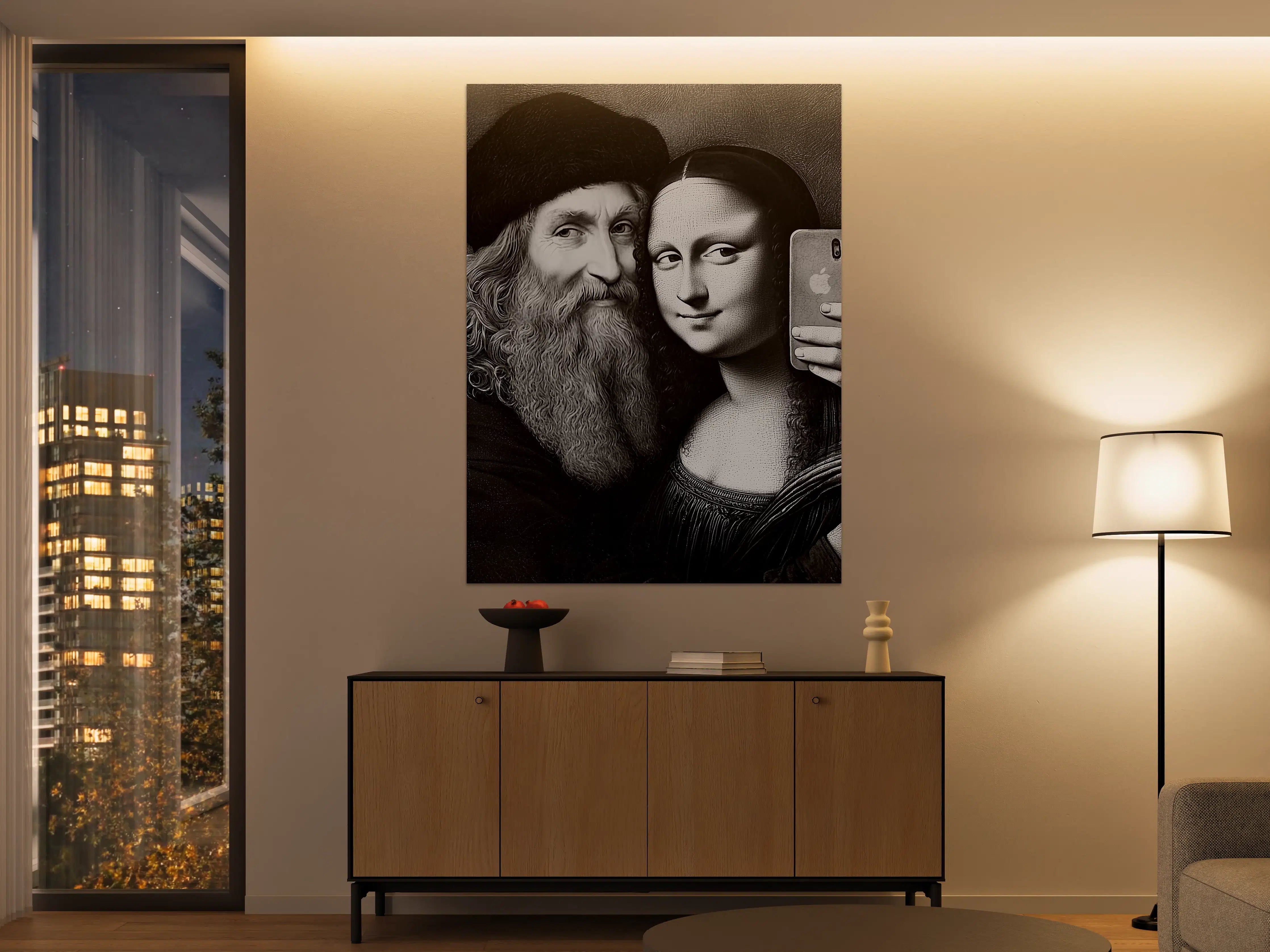 Große Wandbilder - Schwarz-Weiß-Porträt von Mann mit Bart und Mona Lisa Figur