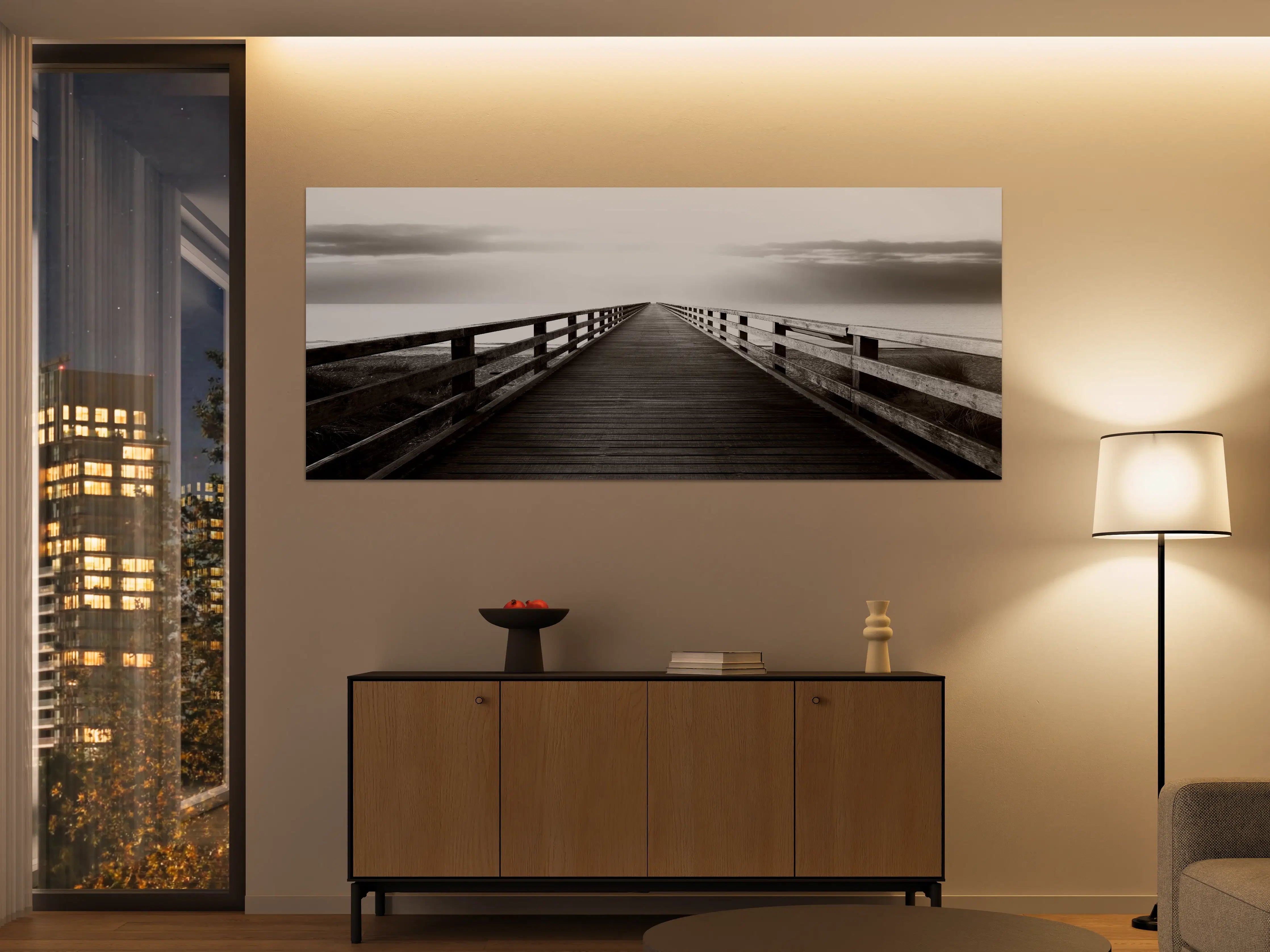 Große Wandbilder - Schwarz-Weiß-Promenade auf Holzbrücke