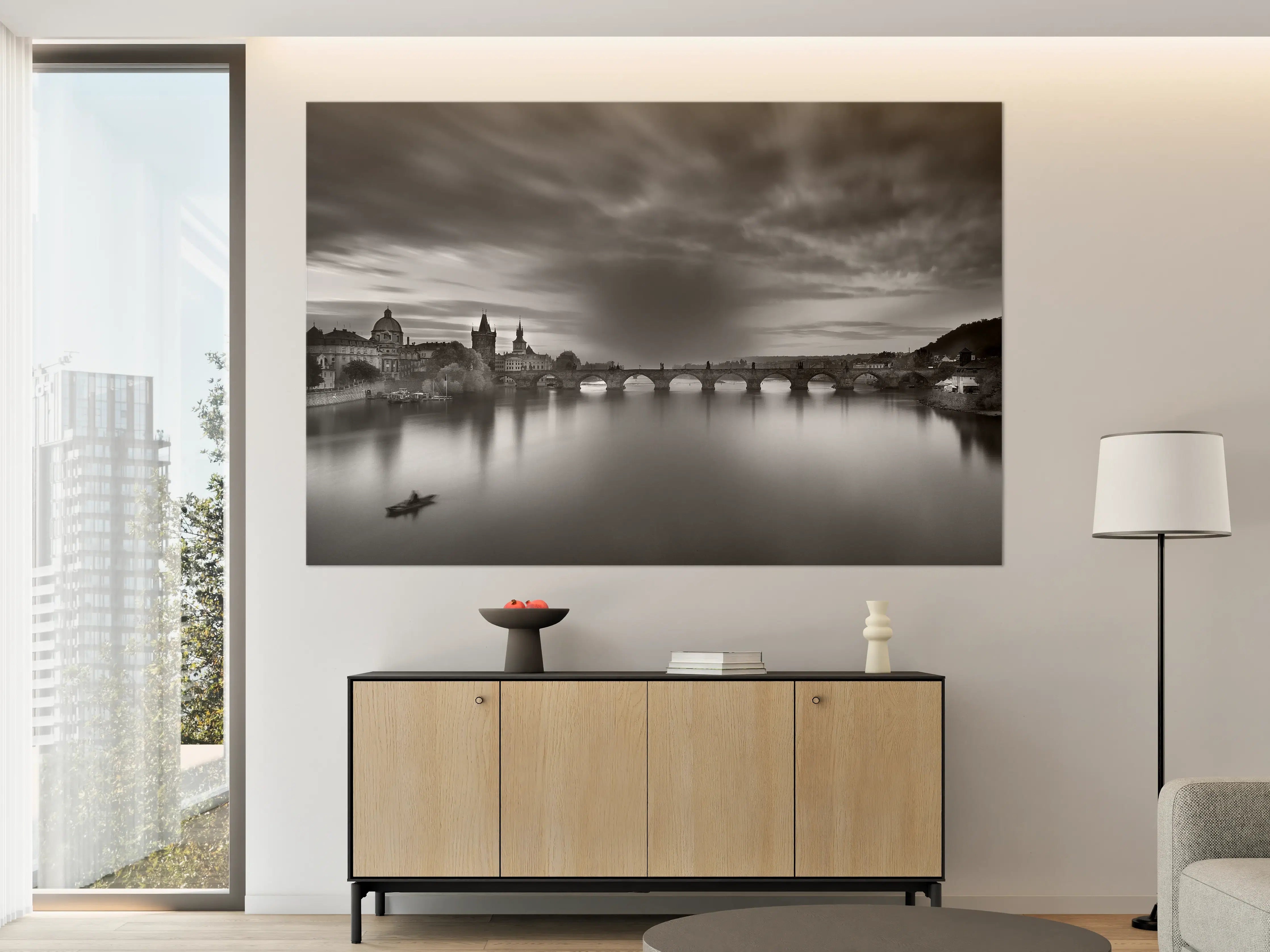 Große Wandbilder - Schwarz-Weiß-Stadtansicht mit Fluss und Brücke