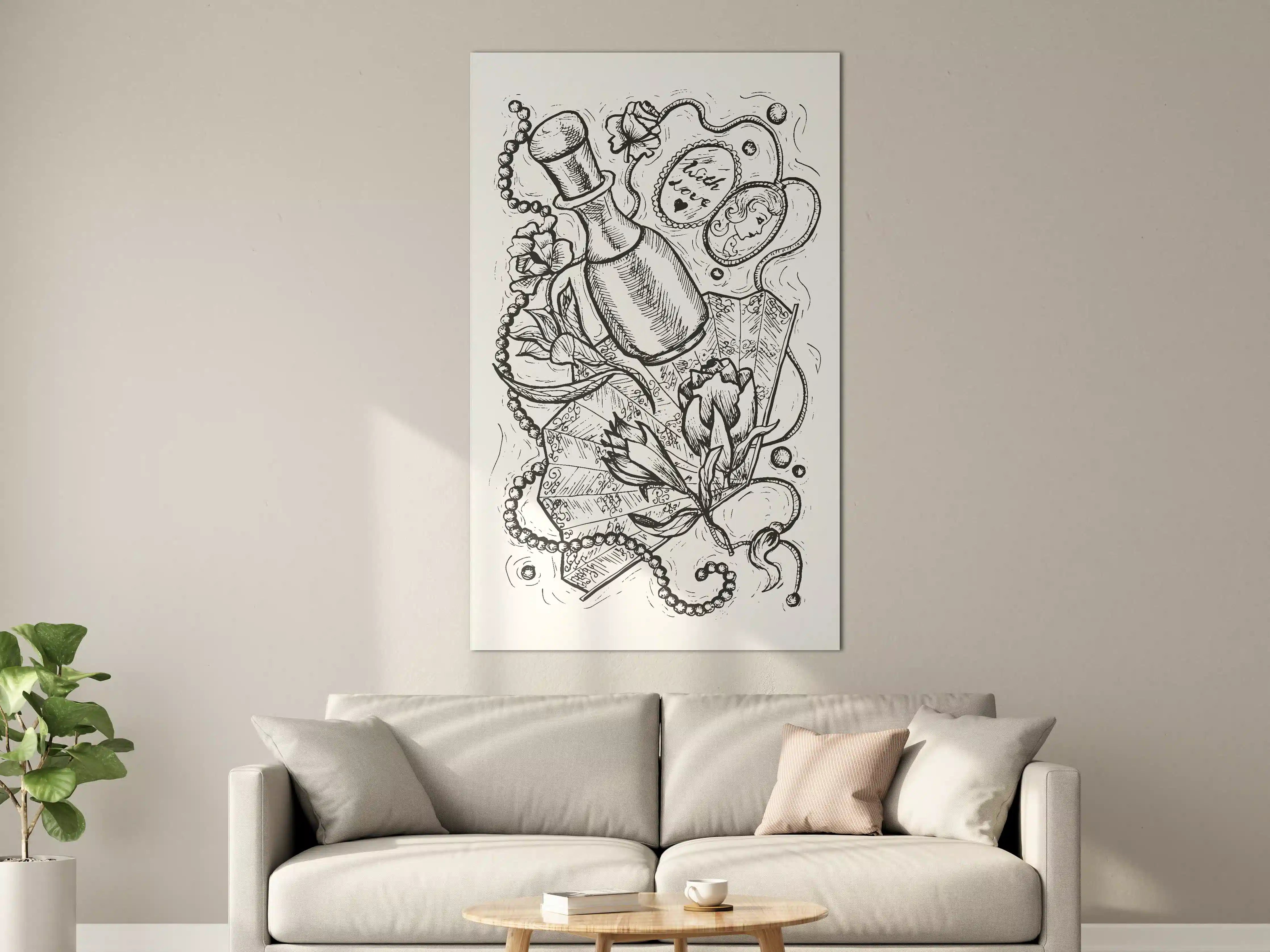 Große Wandbilder - Schwarz-Weiß-Tattoo-Design mit Blumen und Herz