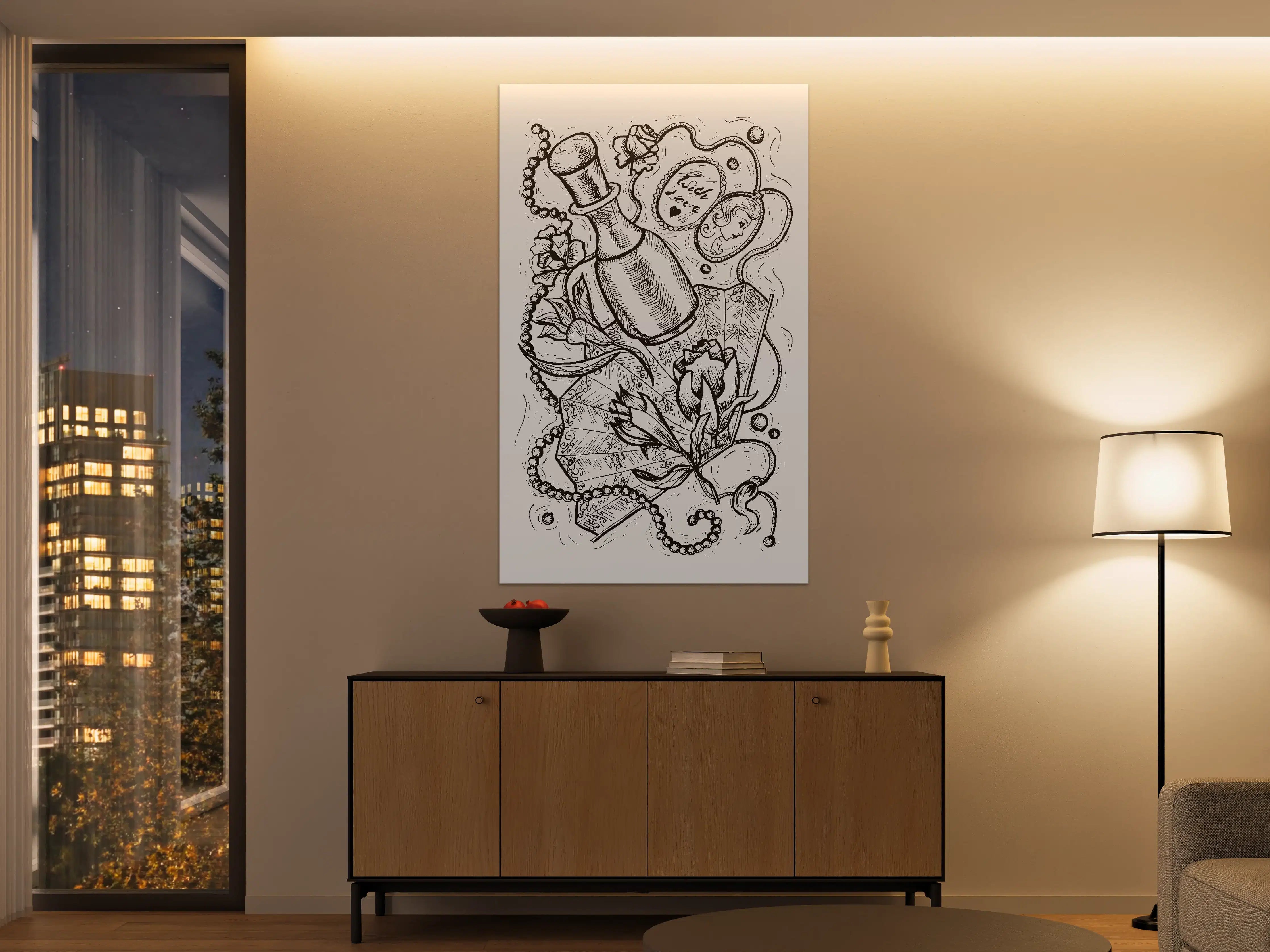 Große Wandbilder - Schwarz-Weiß-Tattoo-Design mit Blumen und Herz