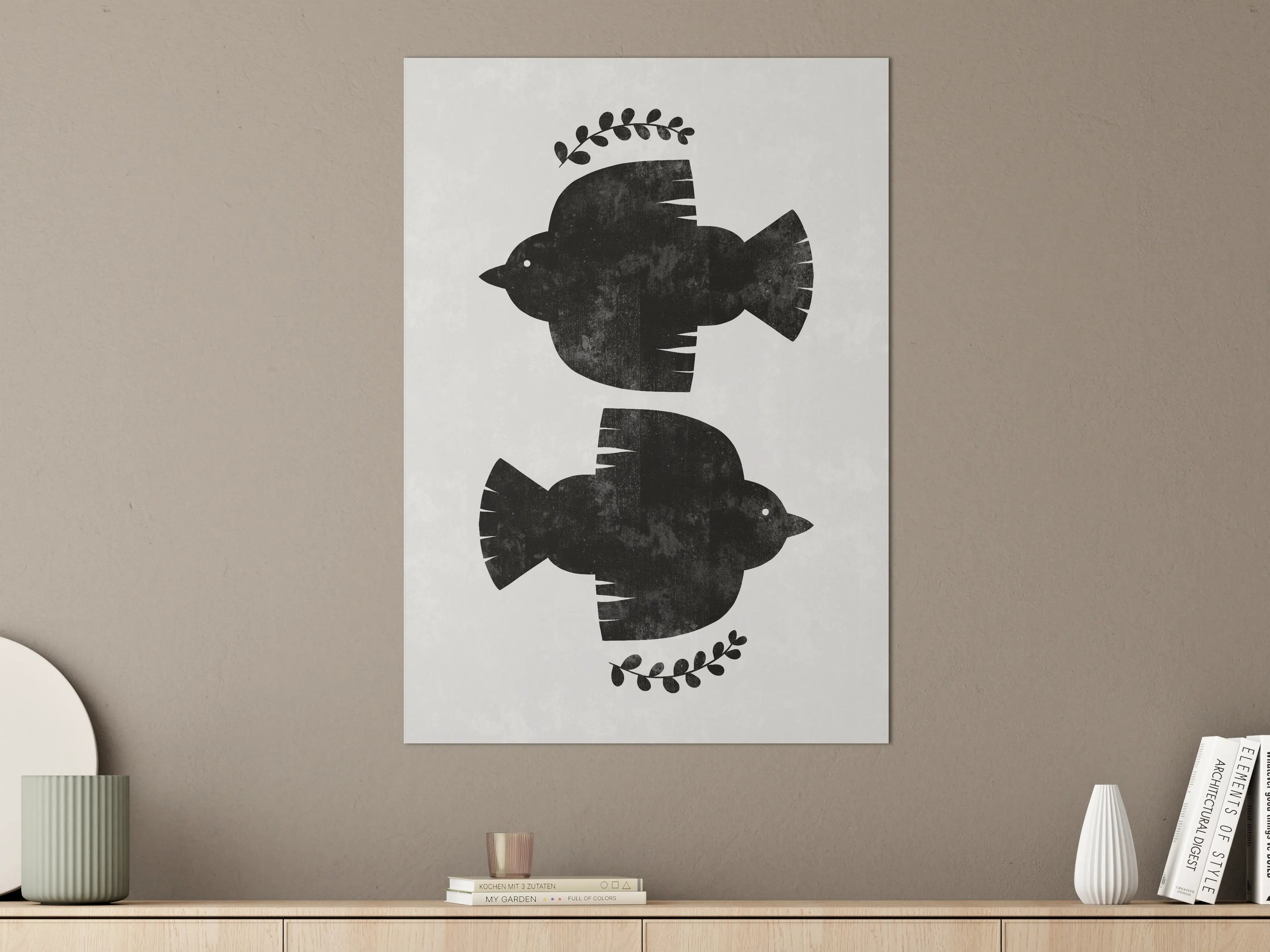 Große Wandbilder - Schwarz-Weiß Vogel mit Blättern