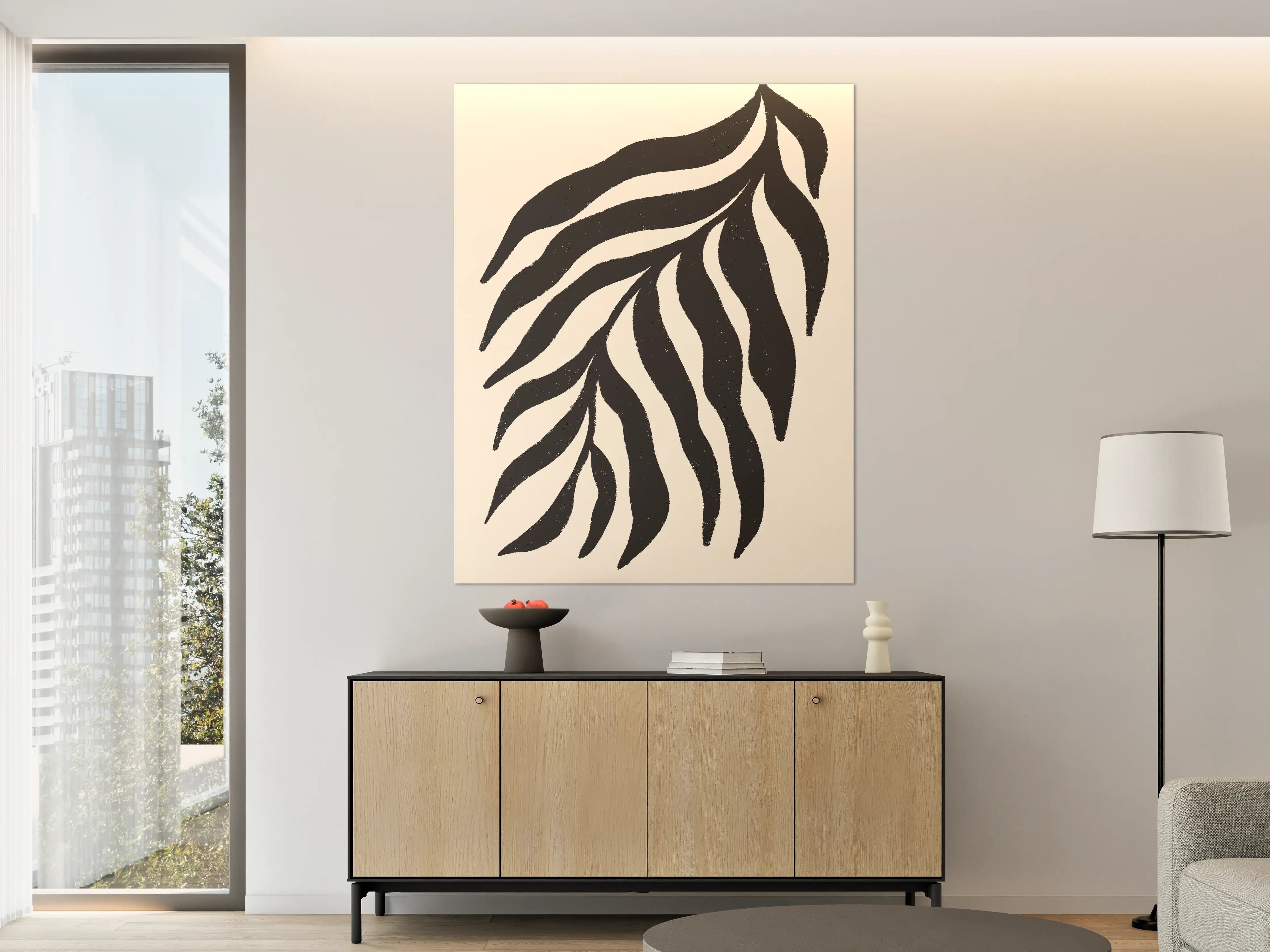 Große Wandbilder - Schwarz-Weiße Blattillustration mit natürlicher Eleganz