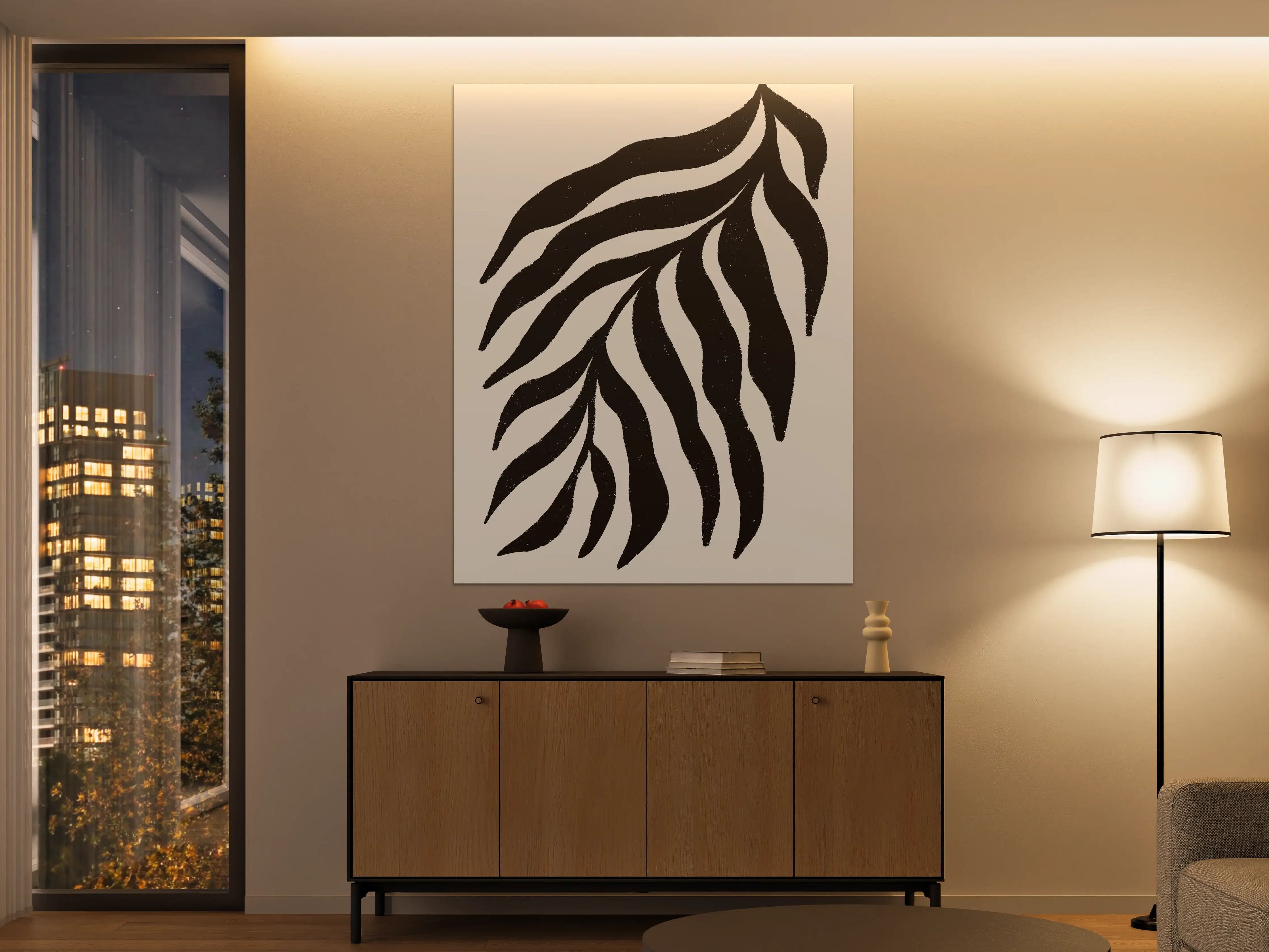 Große Wandbilder - Schwarz-Weiße Blattillustration mit natürlicher Eleganz