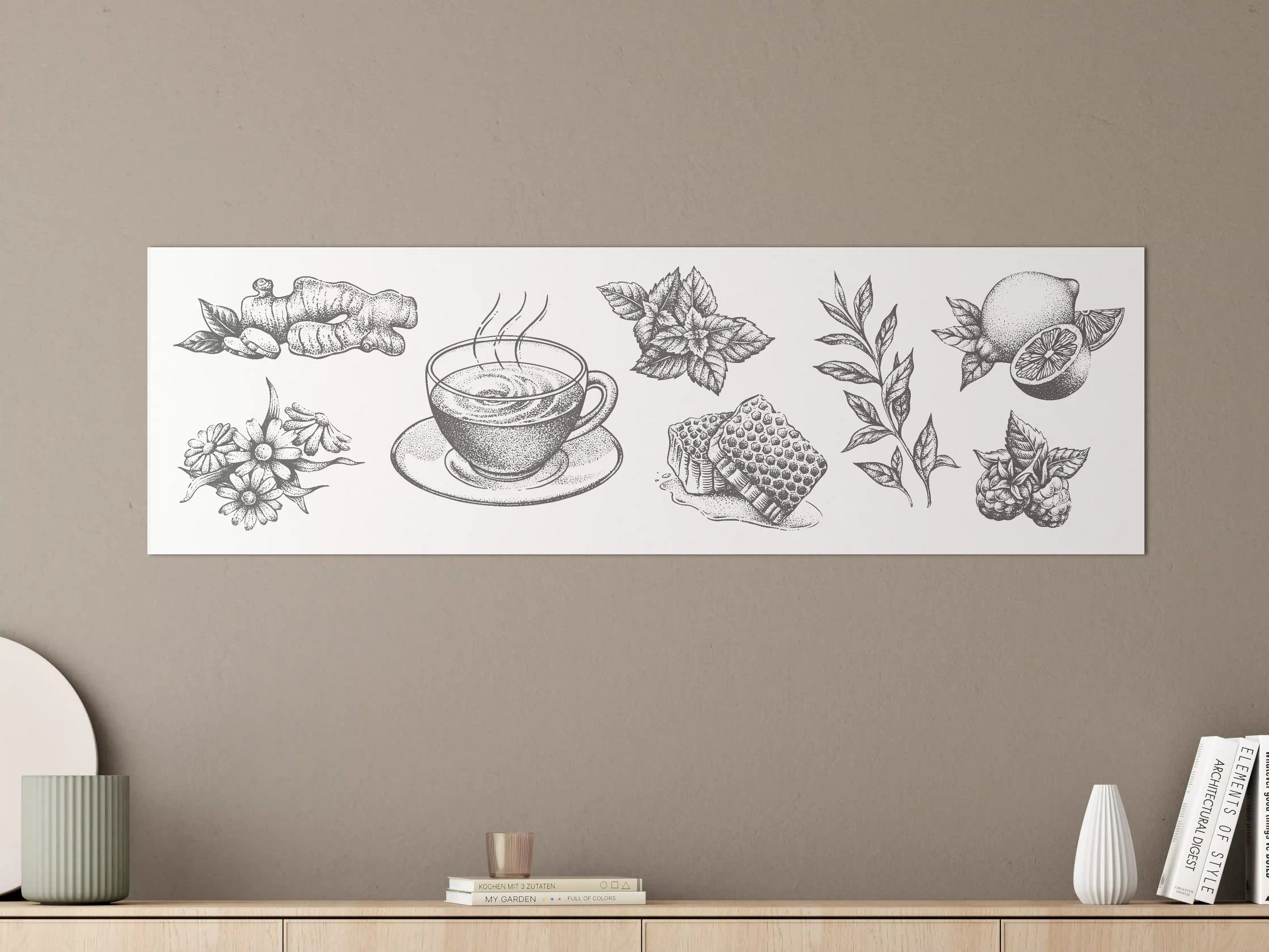 Große Wandbilder - Schwarz-weiß Tee & Gewürze Illustration