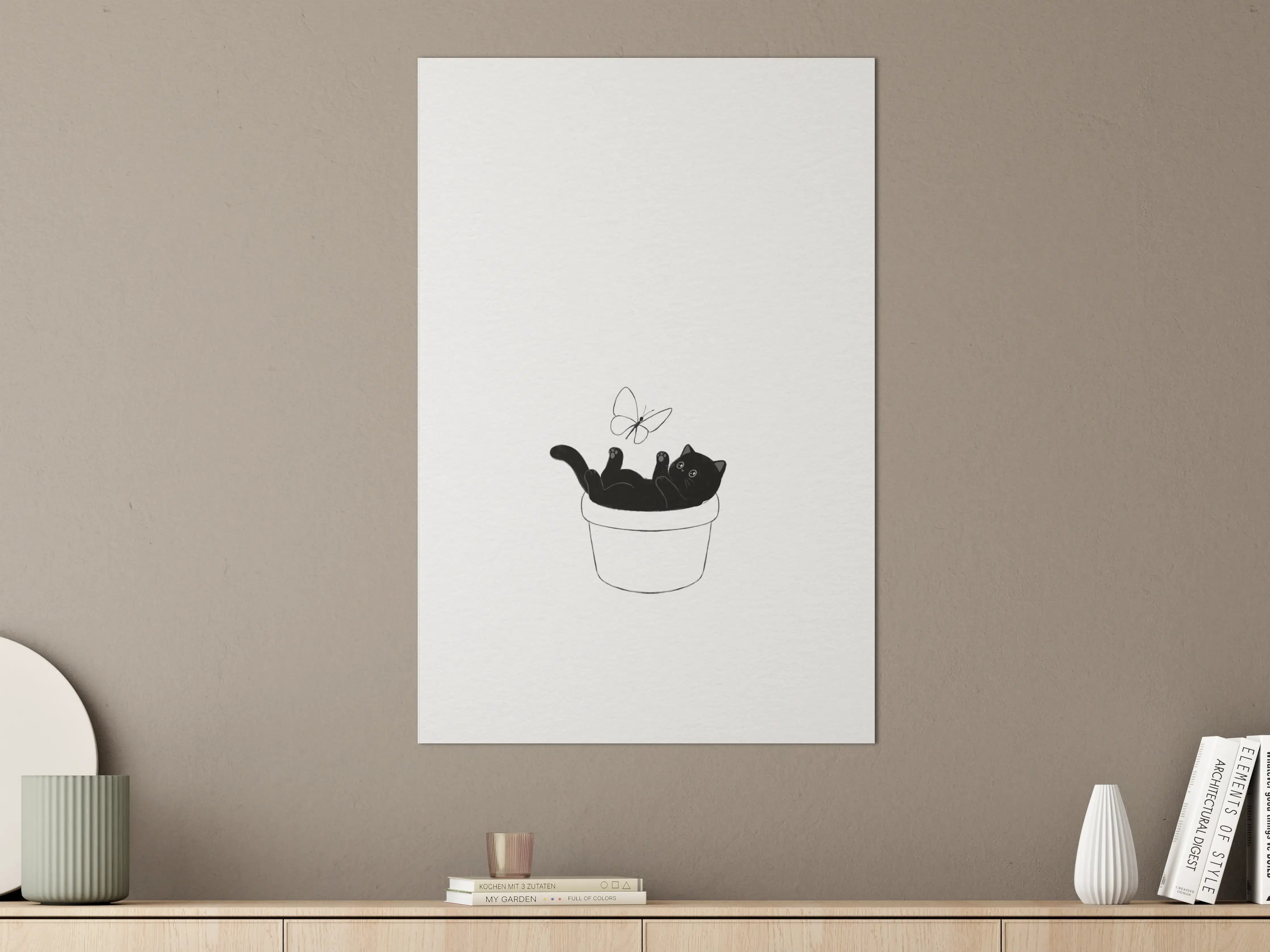 Große Wandbilder - Schwarz-weiße Katzenillustration im Topf